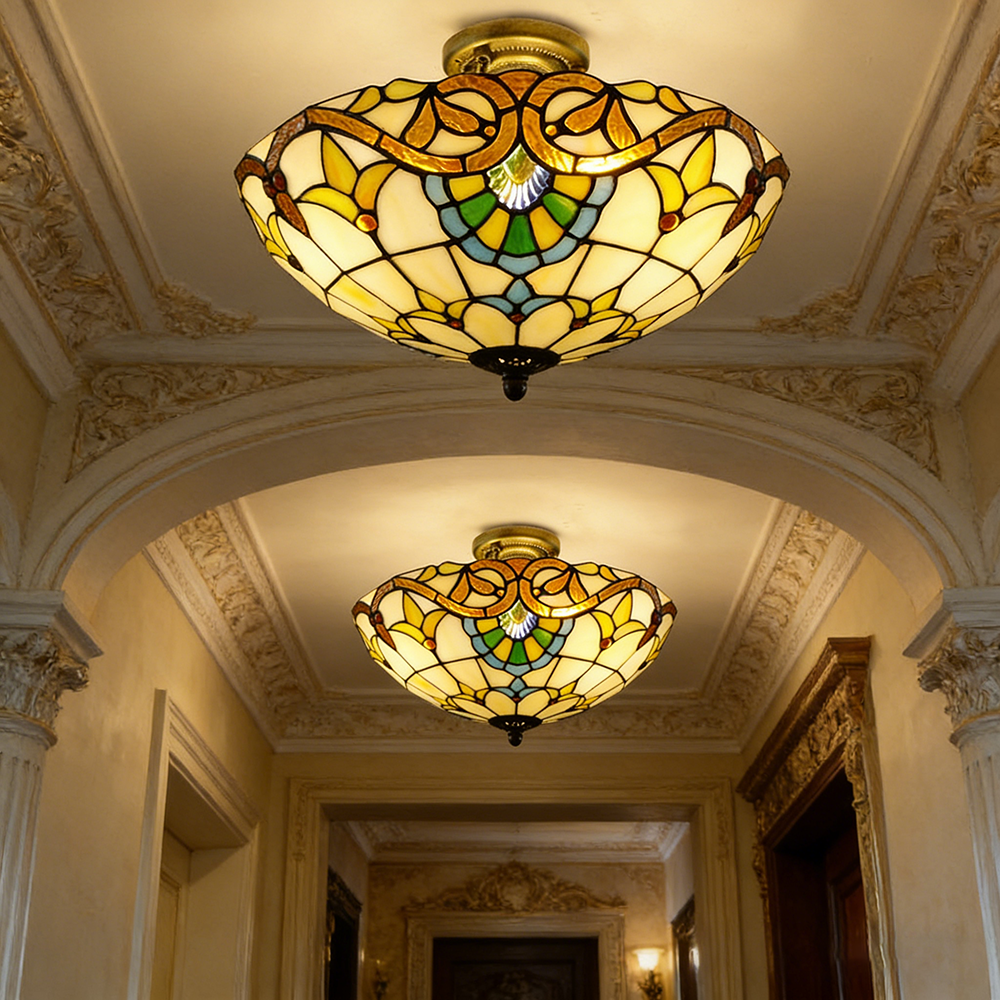 Plafonnier Tiffany, Lustre encastré, Suspension en verre, Éclairage d'entrée LED, Lampadaire LED rétro, φ40 cm (ampoule non incluse) - 6