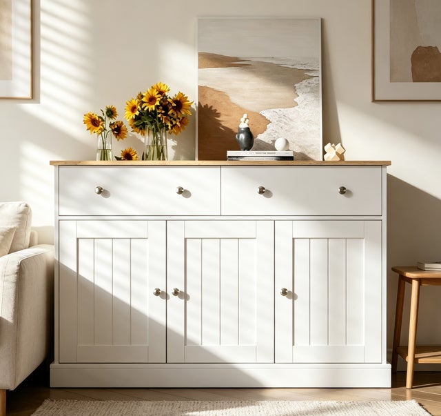 Aparador bajo con 2 cajones y 3 puertas, bisagras amortiguadas silenciosas, mueble de almacenamiento, 120×36×80.50cm, blanco