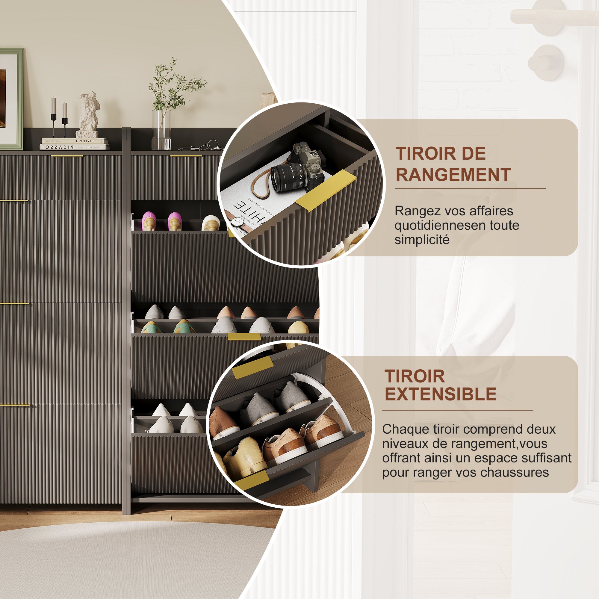 Meuble à chaussures étroit, en bois, doté de 3 portes rabattables et de 2 tiroirs, idéal pour l'entrée ou le couloir, Noir - 5
