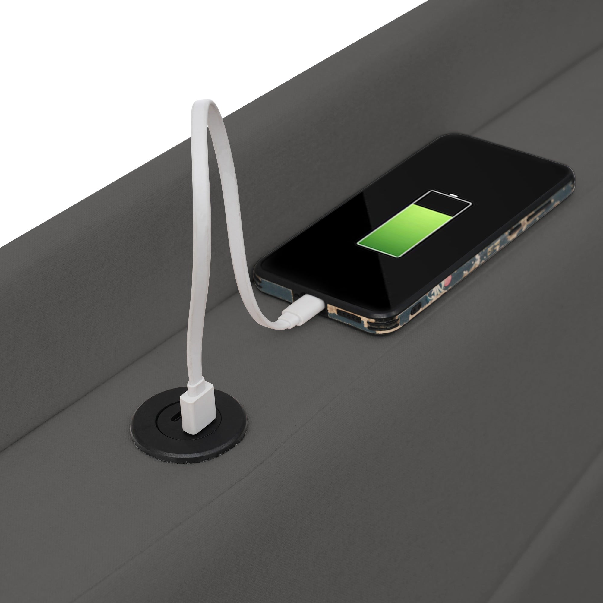 Lit Coffre Lit Adulte Double 160x200 cm - Charge USB - Rangement en Dessous - Sommier Inclus - Coton Lin Gris (Sans Matelas) - 8
