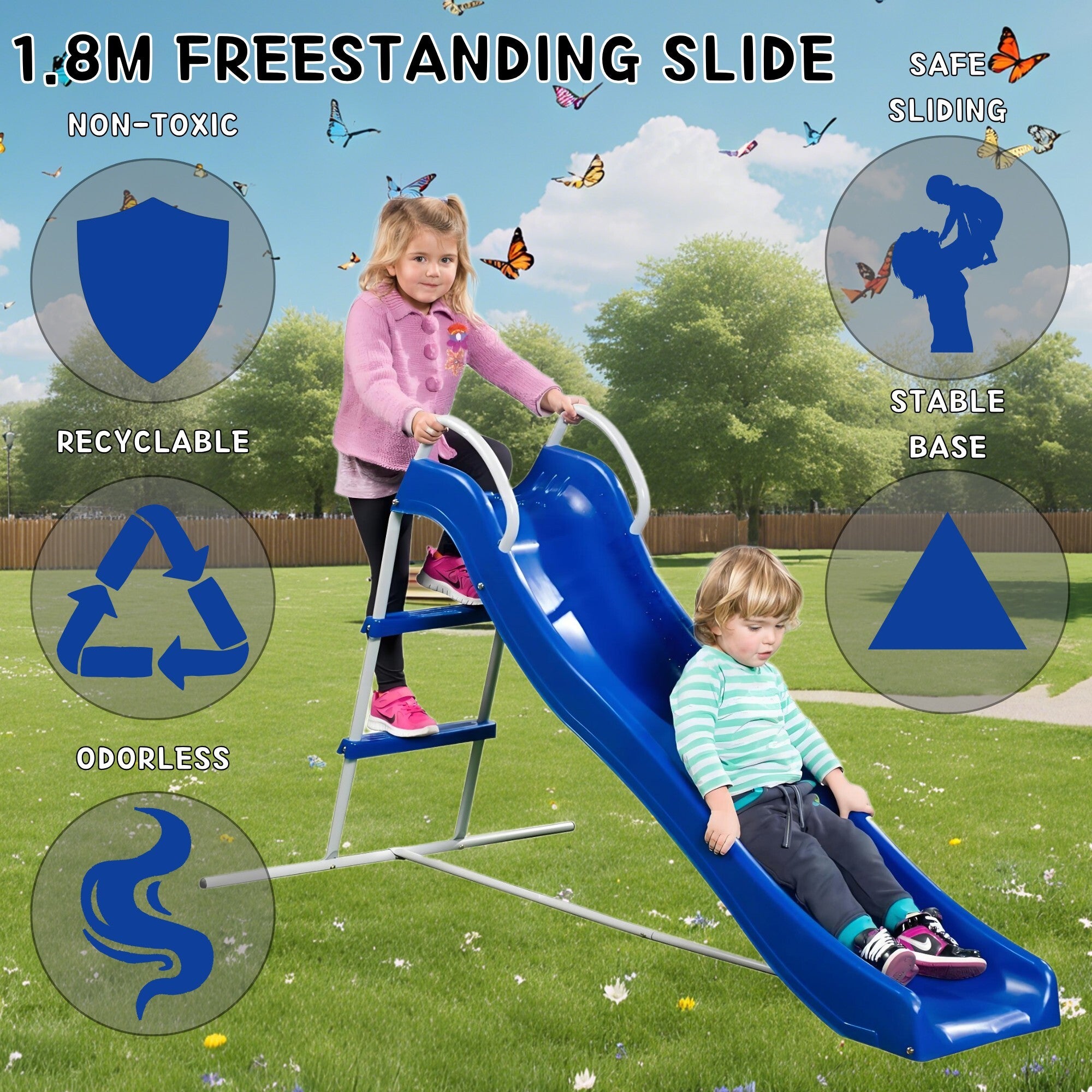 Toboggan,Glissière de Jardin avec Échelle,1.8m,Estructura de jardín exterior,pour Enfants 3+,Usage Extérieur et intérieur,Cadre Acier, Lisse,Bleu - 3