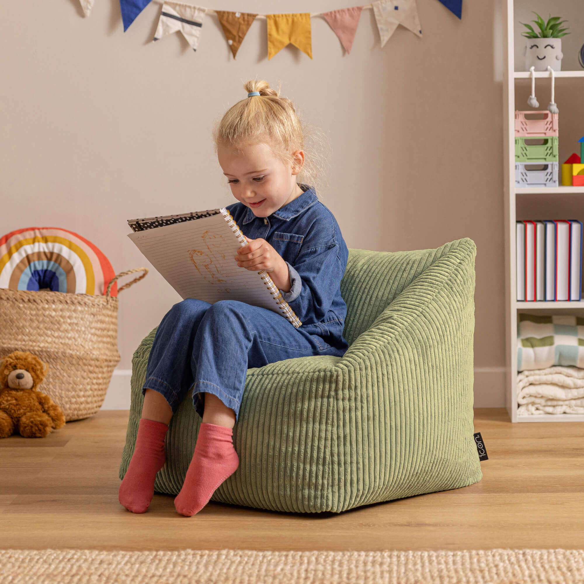 Pouf fauteuil enfant Icon velours côtelé vert sauge, chambre, salon, 55x55xcm Oeko-Tex® - 2