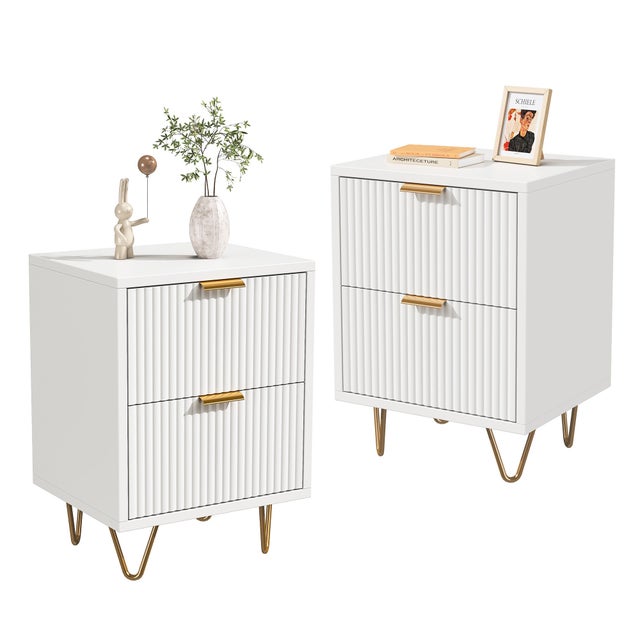 Conjunto de 2 mesas de cabeceira - 40x40x55 cm - onduladas - com 2 gavetas e pés em metal dourado - estilo moderno e elegante - branco