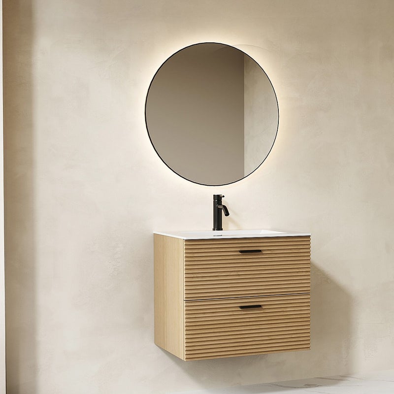 Szafka łazienkowa wisząca prążkowana z umywalką nablatową - 2 szuflady - Jasne drewno naturalne - 60 cm - SARONE