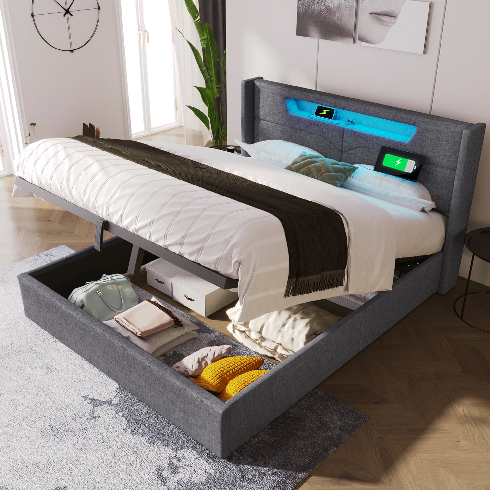 Lit Double 160x200 Cm Avec Rangement Et Tête De Lit LED - Cadre Bois/métal, Ports USB/Type-C, Sans Matelas