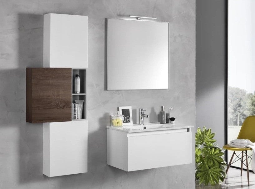 Ensemble meuble de salle de bain 3 armoires laqué blanc et bois foncé