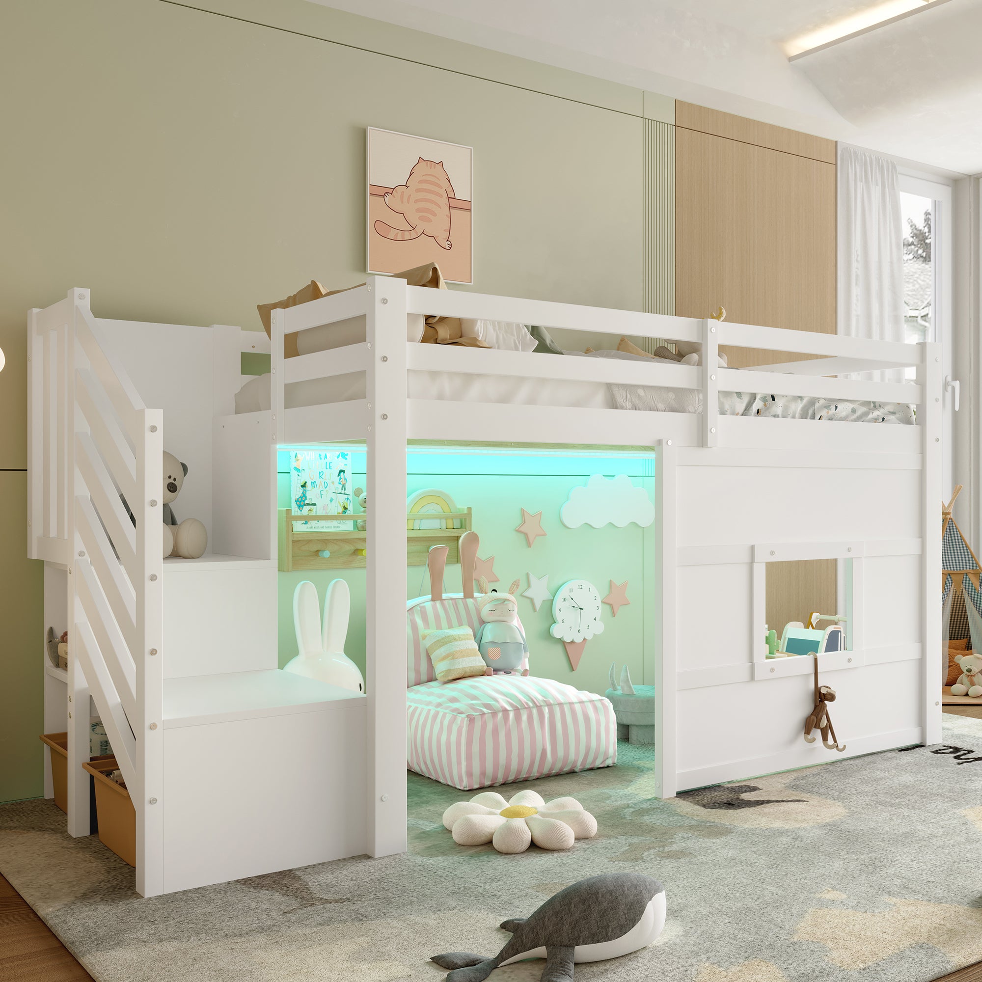 Dziecięce łóżko na poddaszu 90x200 cm - z drabinką i oknem - białe (bez materaca)