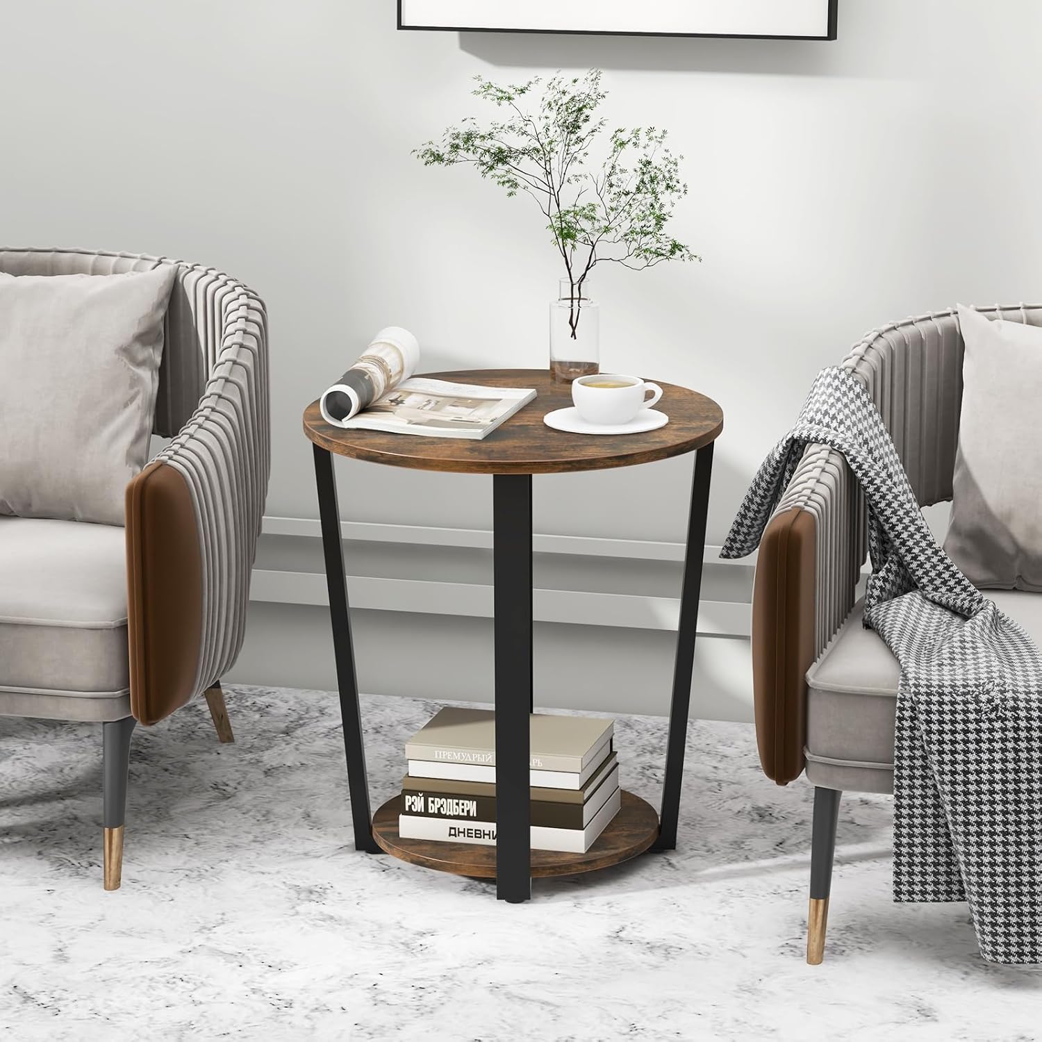 Bout de Canapé Rond à 2 Niveaux, Table d'Appoint avec Etagère de Rangement, Cadre en Métal, Style Industriel, Table Compacte(Marron Rustique) - 2