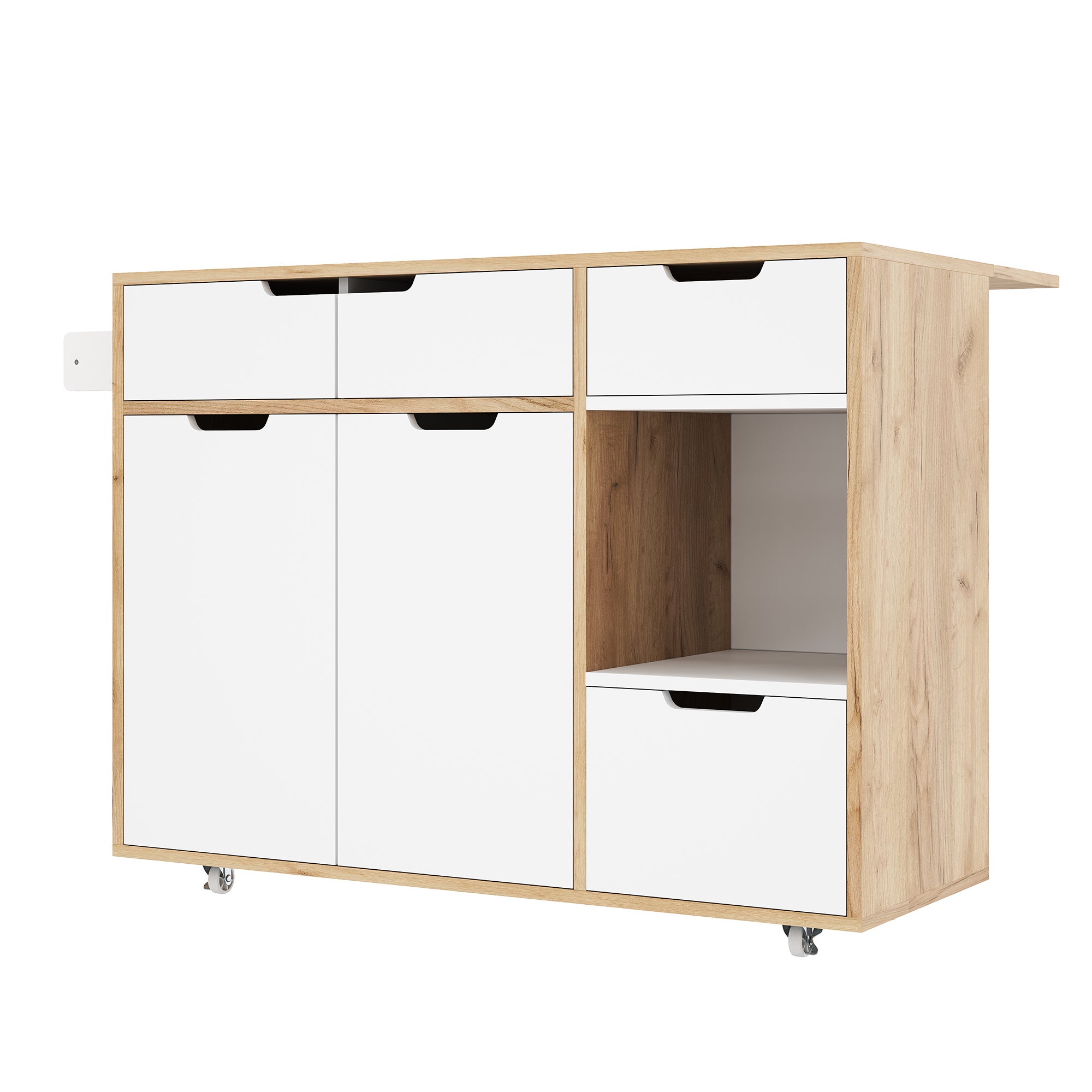 Mueble de almacenaje con ruedas, 120x46x85 cm, cajones y puertas, compartimentos abiertos, blanco y efecto madera - 6