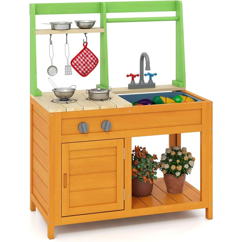 Drewniana Kuchnia dla Dzieci do Użytku na Zewnątrz, Zlewem, Kranem, Dźwiękami, Różnymi Akcesoriami i Otwartymi Regałami, dla Dzieci Powyżej 3 Lat