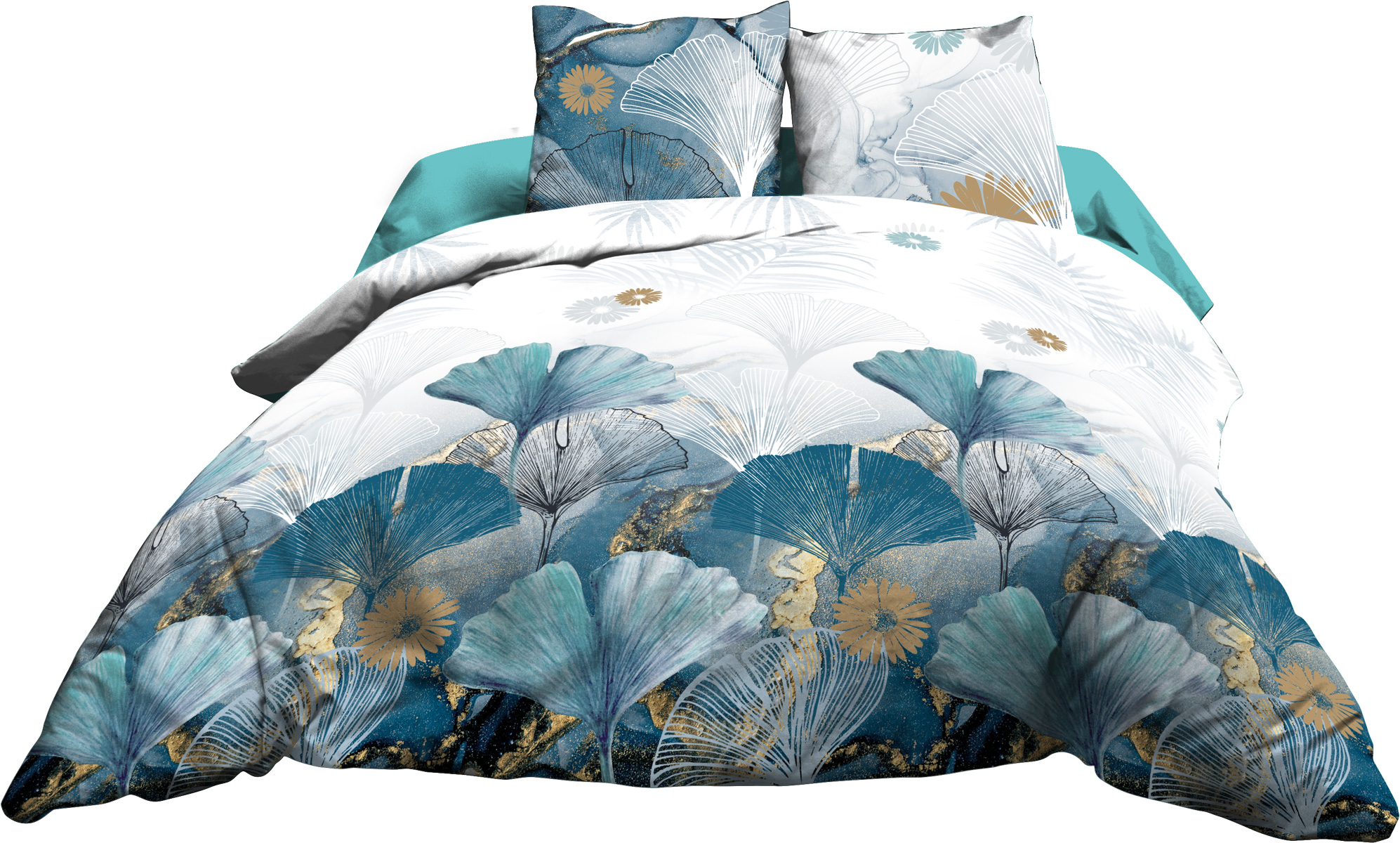 Housse de couette 240x260 + 2 taies - Pur coton 57 fils - Ginko bleu - 3