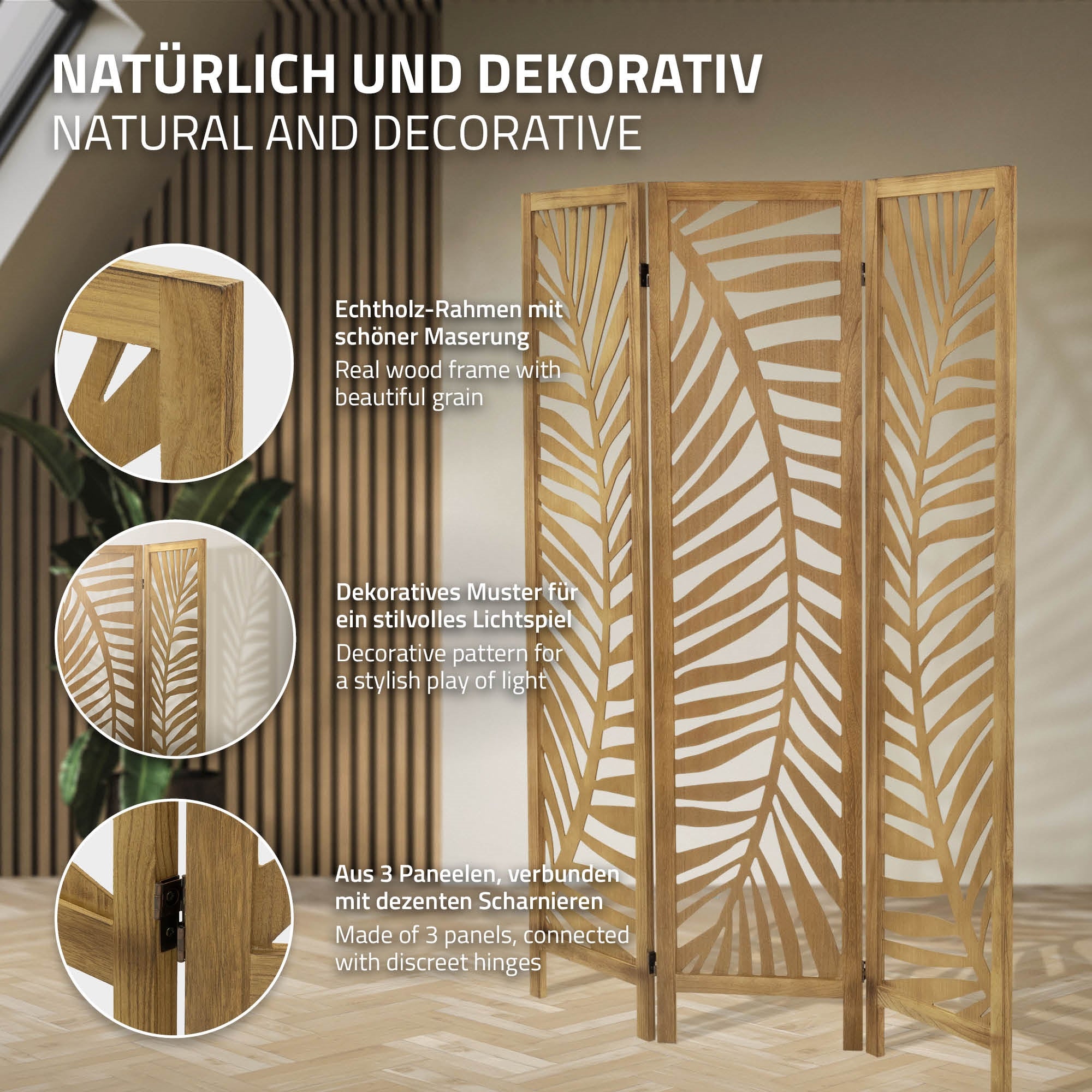 Paravent intérieur Fukuoka 170x121 cm naturel en bois à 3 panneaux pliable cloison de séparation écran diviseur protection visuelle séparateur pièce - 4