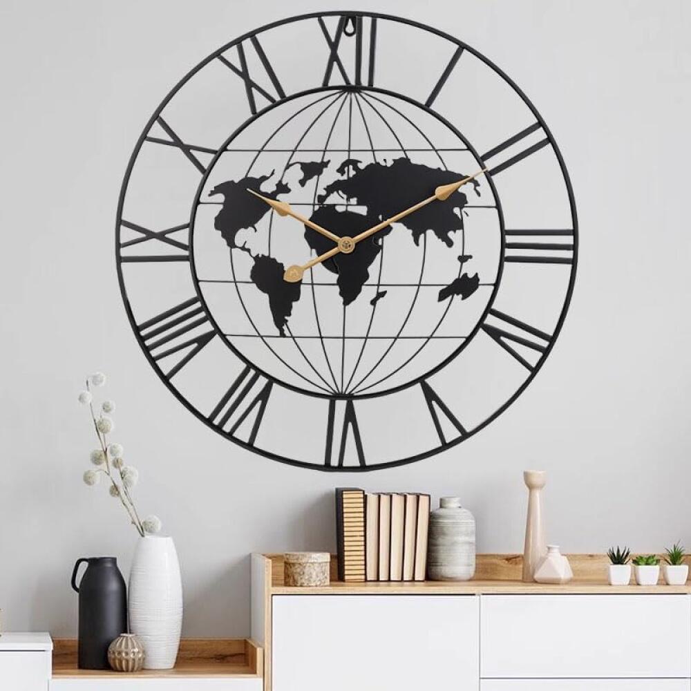Reloj de pared grande, moderno y minimalista de metal con mapa del mundo, redondo, decorativo, funciona con pilas, ideal para salón, oficina o escuel - 2