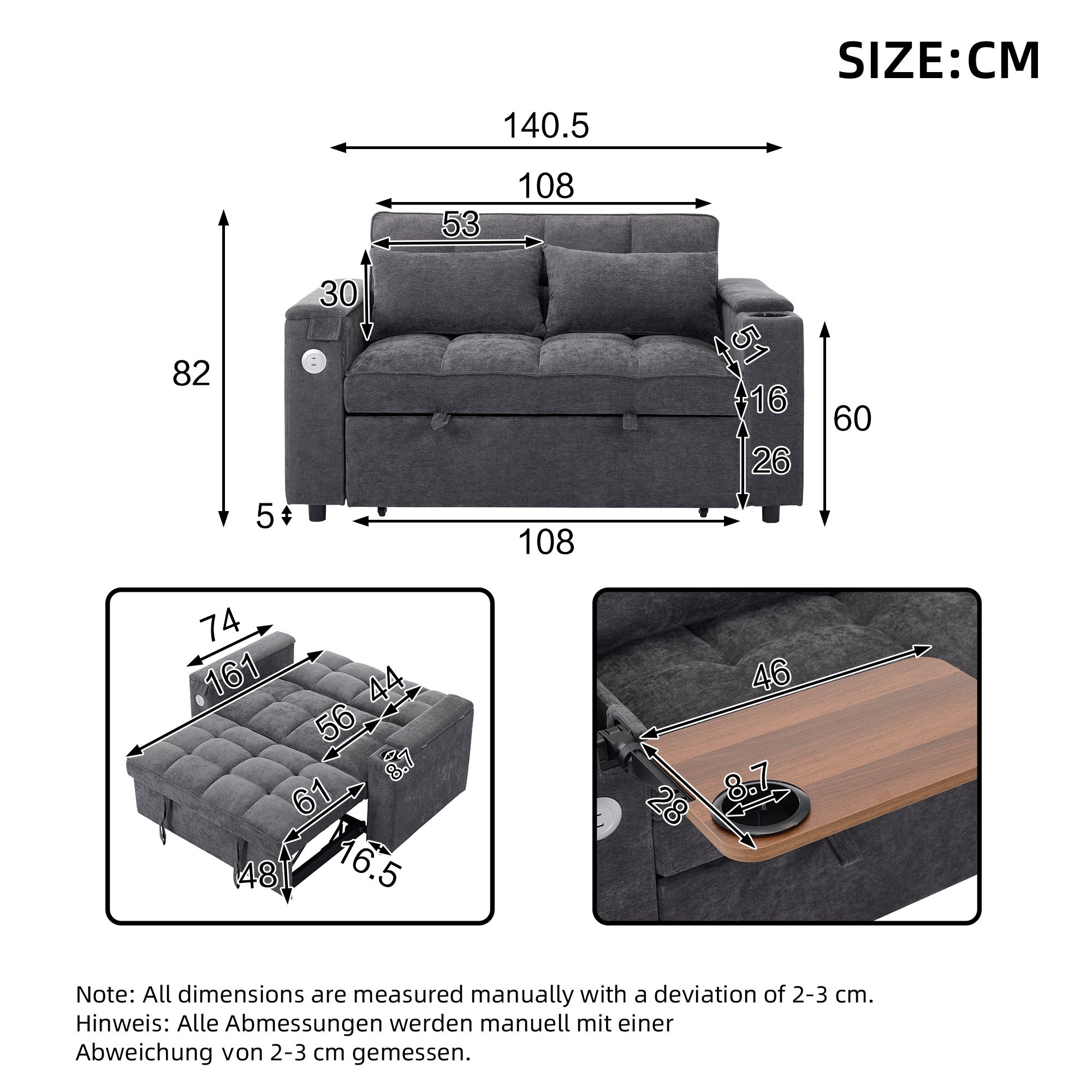 Canapé convertible 2 personnes 140.5x74x82 cm - Dossier réglable - Port USB - Porte-gobelet - Petite table d'appoint - Gris - 6