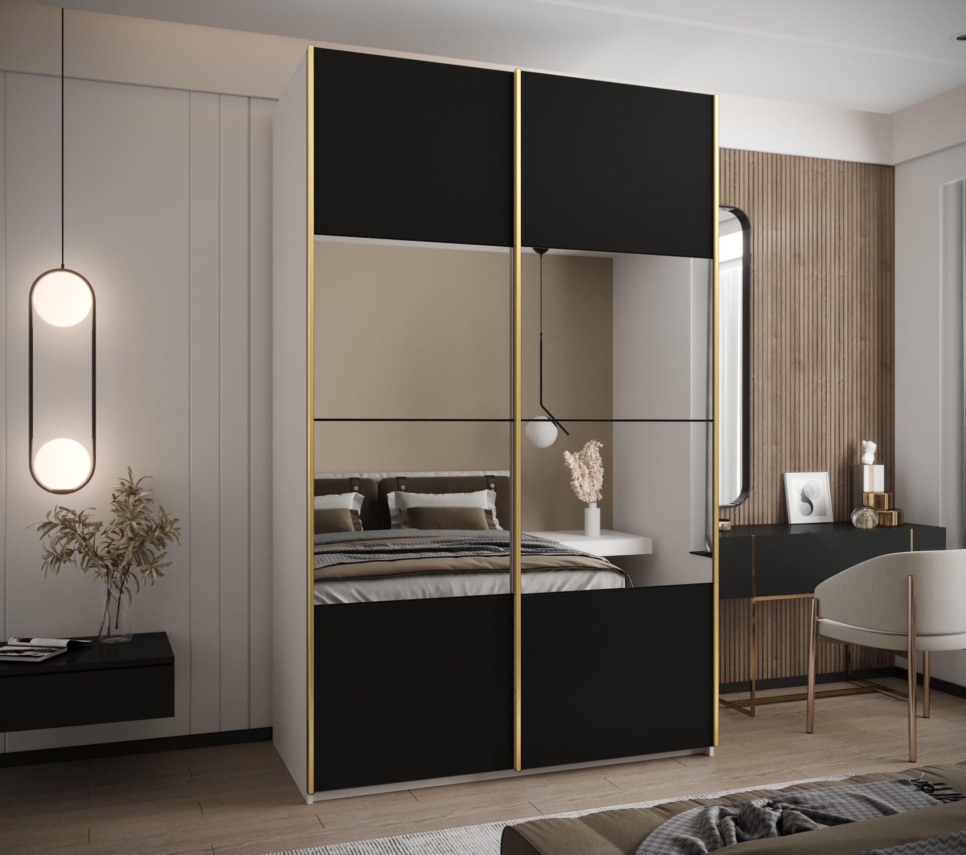 Szafa przesuwna wysoka Lux 4 150 x 64 x 245,5 cm biały + czarny + u. złoty - Abiks Meble - 2