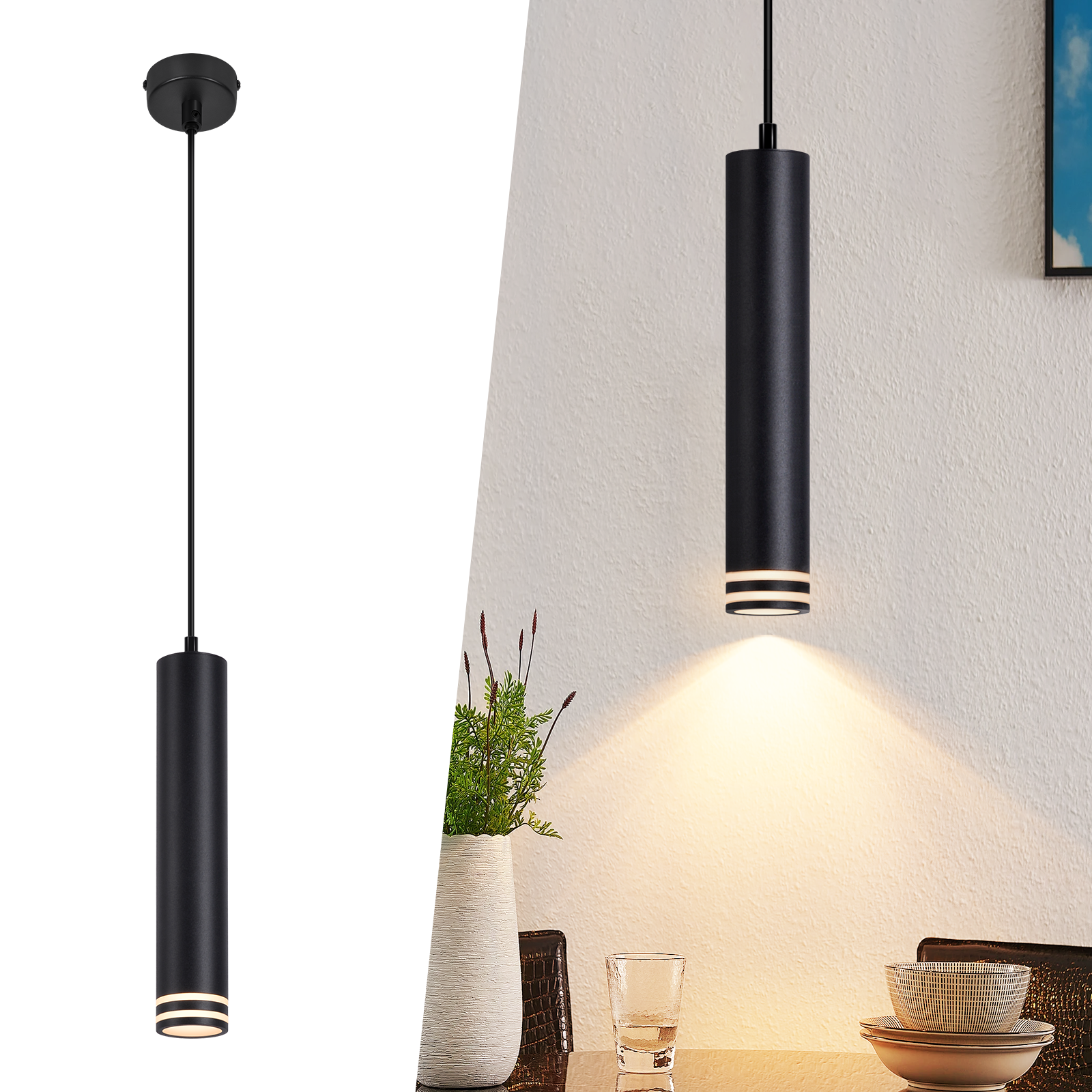 Lampa wisząca Nettlife GU10, cylindryczna, 1 żarówka, nowoczesna aluminiowa lampa wisząca, regulowana wysokość, biała (żarówka nie jest dołączona)