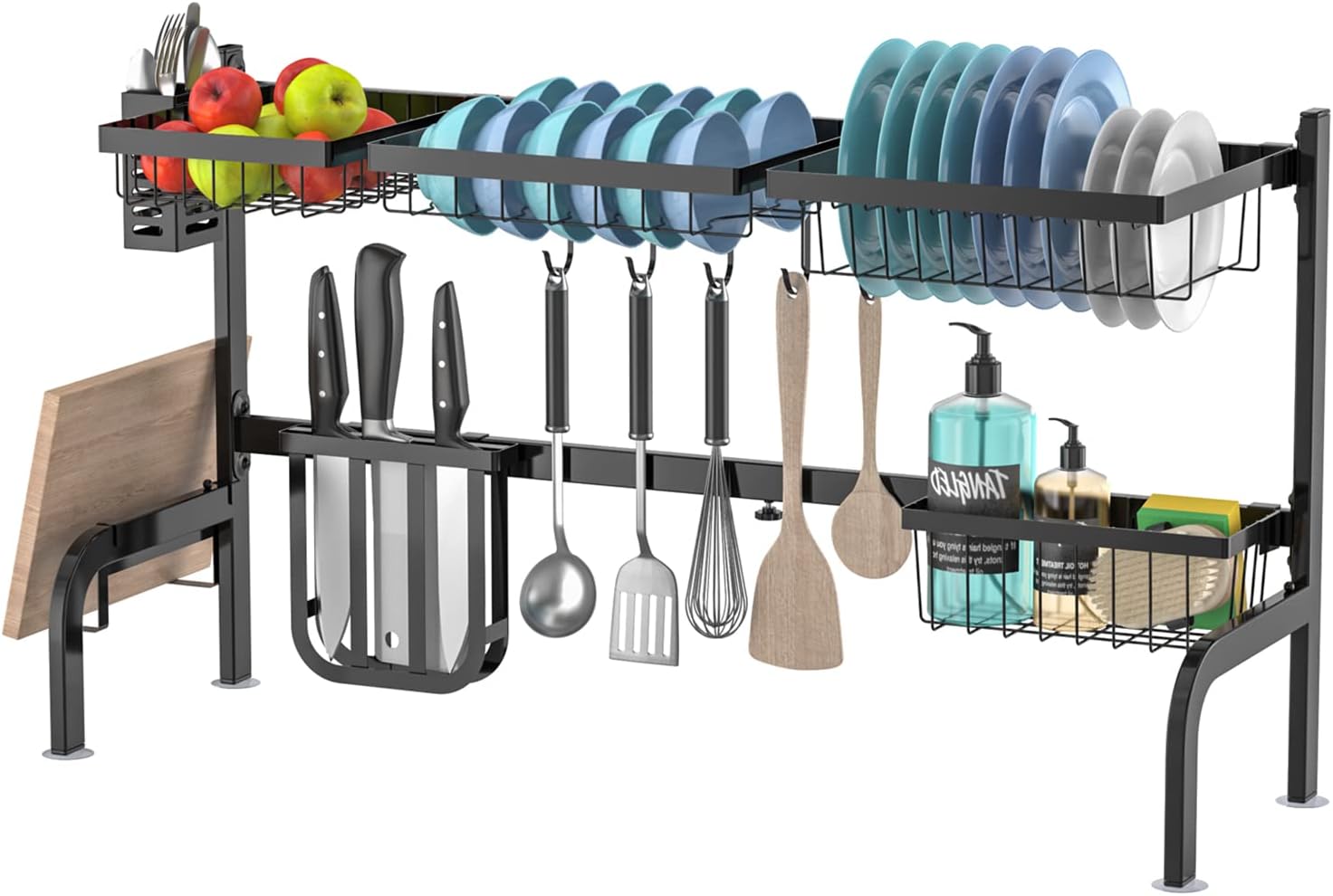 Ociekacz do zlewu, 2-poziomowy regał na naczynia, regulowana szerokość: 53-99 cm, ociekacz z uchwytem na przybory i haczykiem, czarny