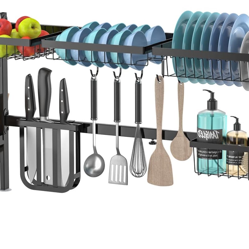 Ociekacz do zlewu, 2-poziomowy regał na naczynia, regulowana szerokość: 53-99 cm, ociekacz z uchwytem na przybory i haczykiem, czarny