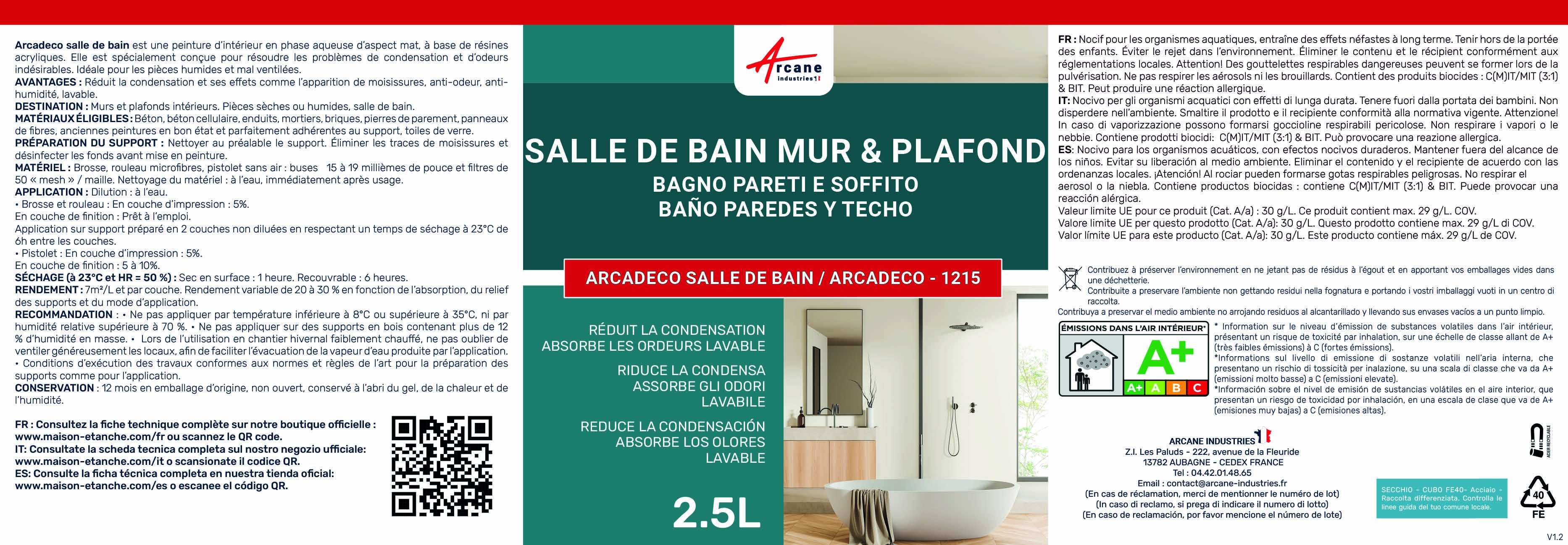 Peinture salle de bains mur et plafond :ARCADÉCO SALLE DE BAIN Blanc - 2.5 L - ARCANE INDUSTRIES - 7
