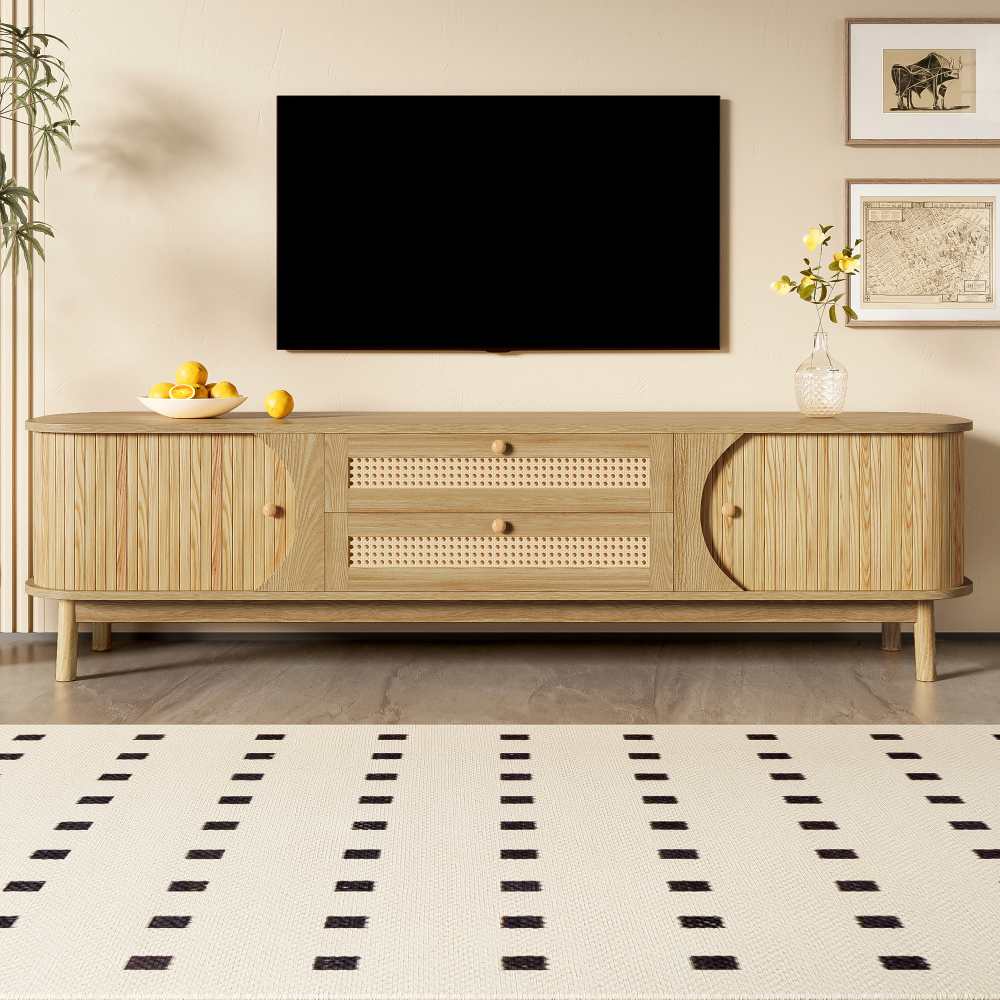 Mebel pod telewizor z litego drewna naturalnego z drzwiami i szufladami z rattanu – elegancki rustykalny design i praktyczne przechowywanie - 2