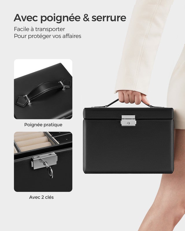 Boîte à Bijoux 4 Niveaux, avec Poignées, 3 Tiroirs, Miroir, Serrure, Rangement Bijoux pour Voyages, Surface Noir d'Encre, Doublure Beige Sable - 4