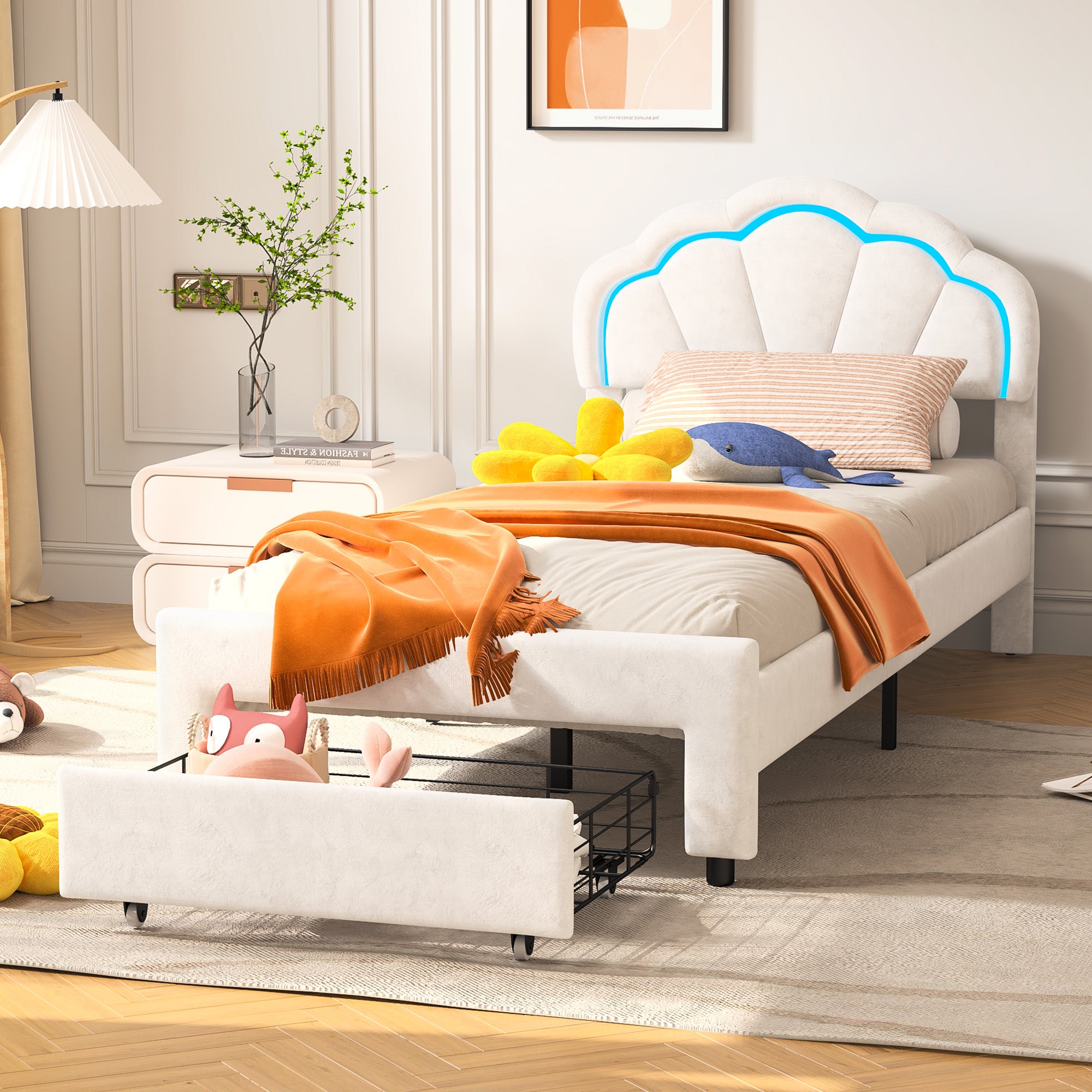 Lit enfant rembourré 90 x 200 cm, cadre de lit simple fille Crown blanc en similicuir avec tiroirs de rangement, éclairage LED, sommier et dossier à lattes