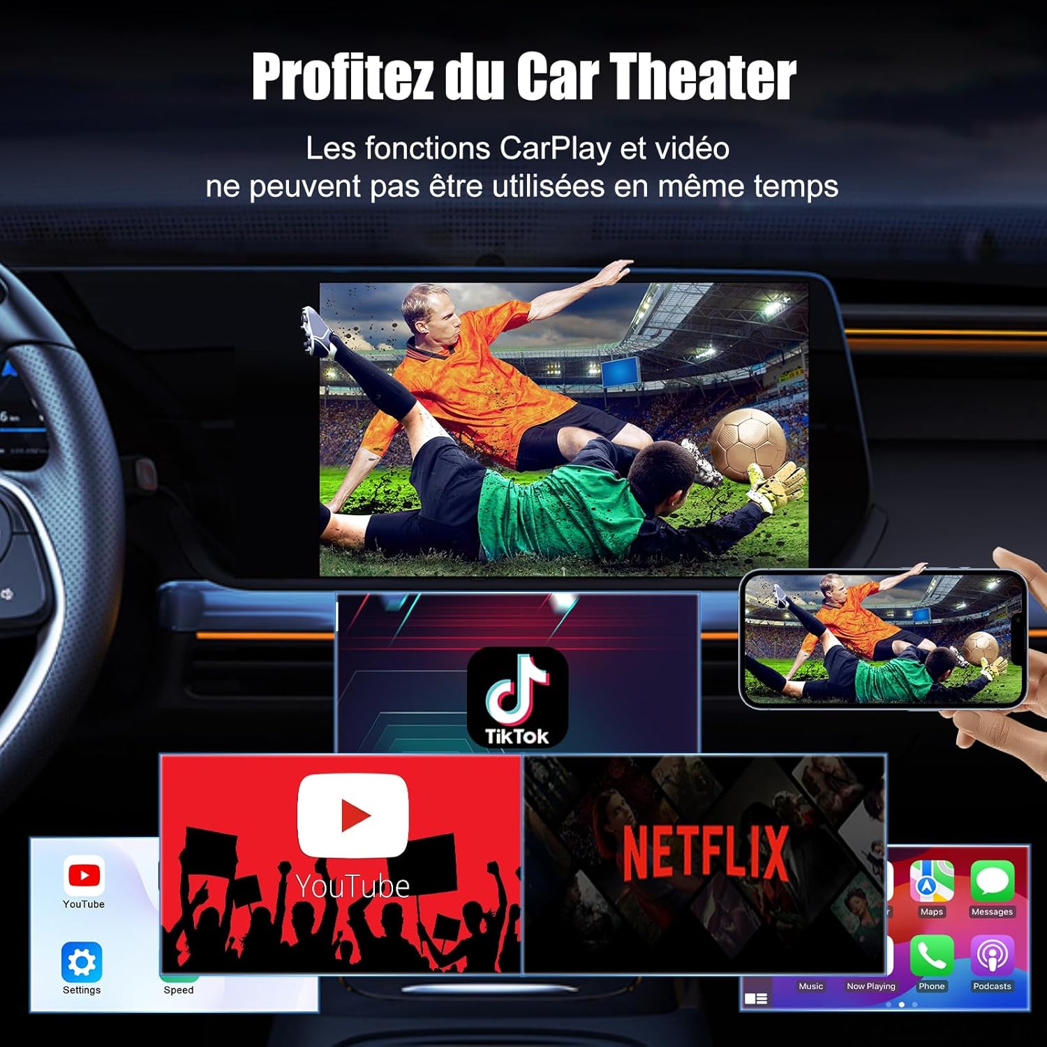 Adaptateur vidéo CarPlay sans fil, compatible Netflix, YouTube, TikTok, pour iPhone, filaire vers sans fil - 3