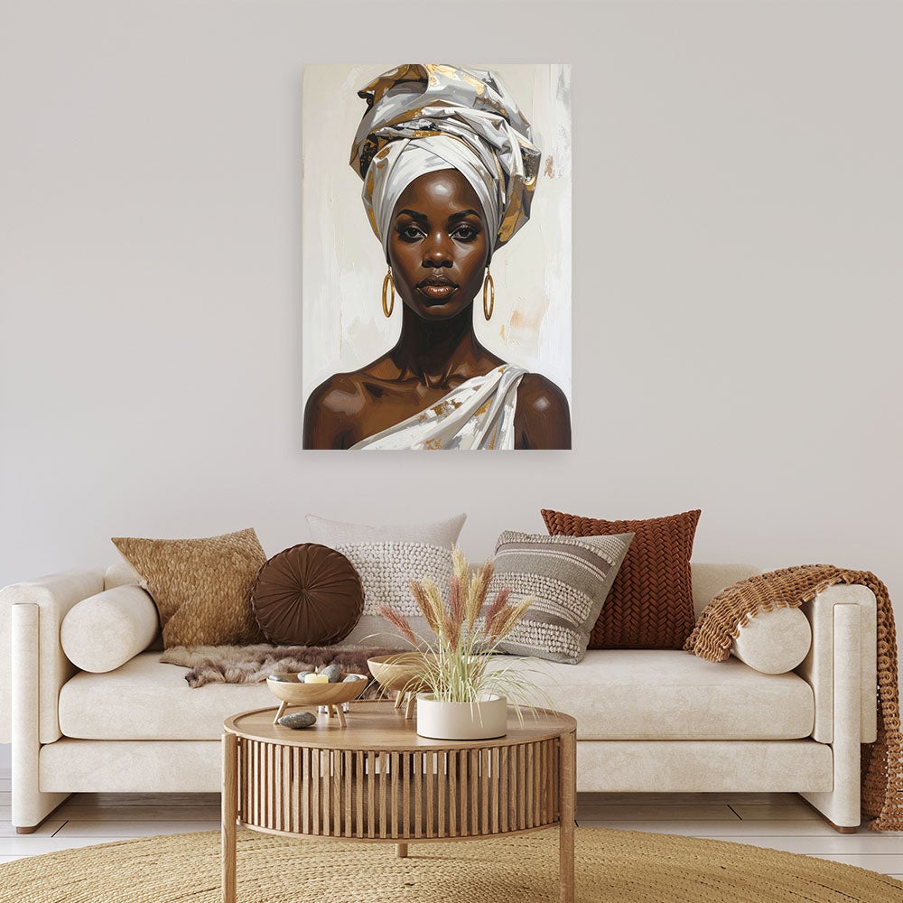 Obraz do salonu sypialni biura, Kobieta w białym turbanie w stylu glamour 70x100 - 2
