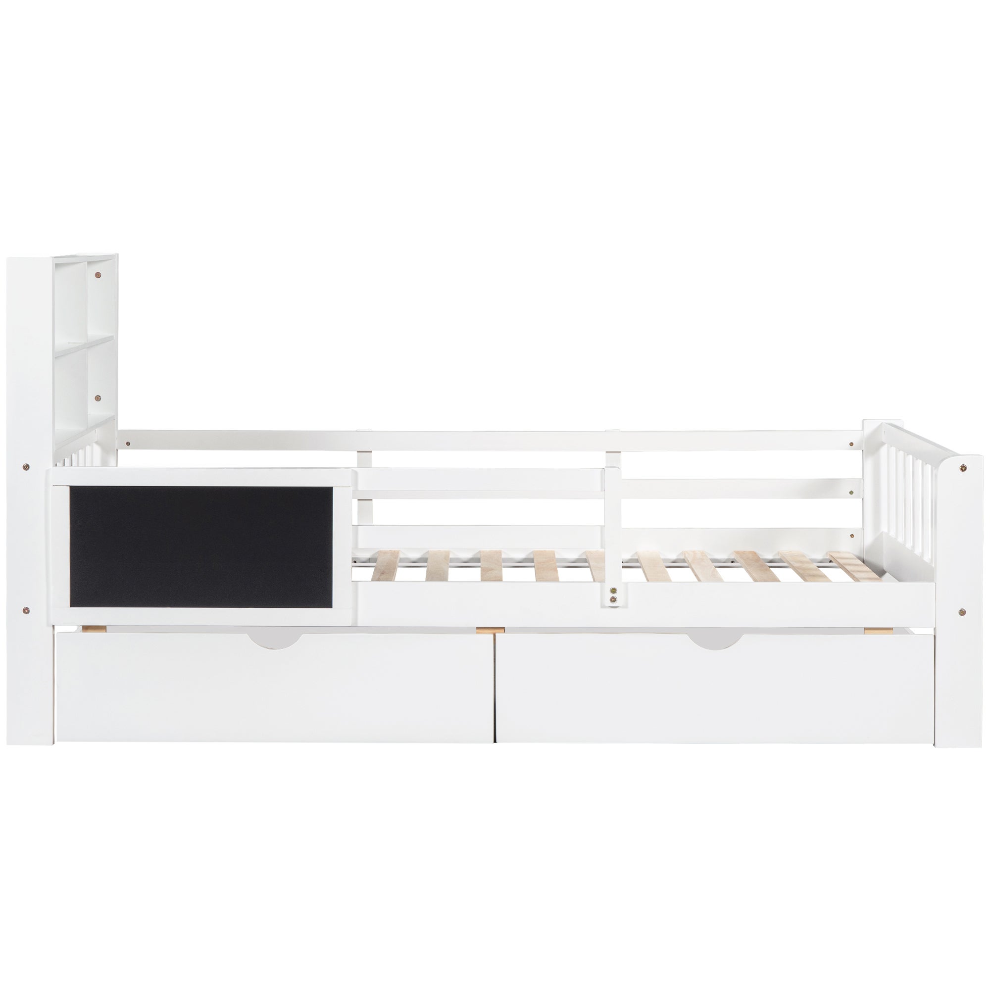 Łóżko dziecięce 90 x 200 cm z zagłówkiem i barierkami - 2 szuflady i półki - Drewno lite + MDF - Kolor biały (materac nie jest wliczony w cenę) - 8