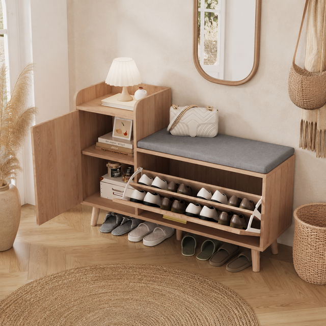 Banco sapateira com espaço de arrumação 100x30x69,5 cm, 2 portas, aglomerado, com pés, estilo de design moderno, Madeira natural, design simples