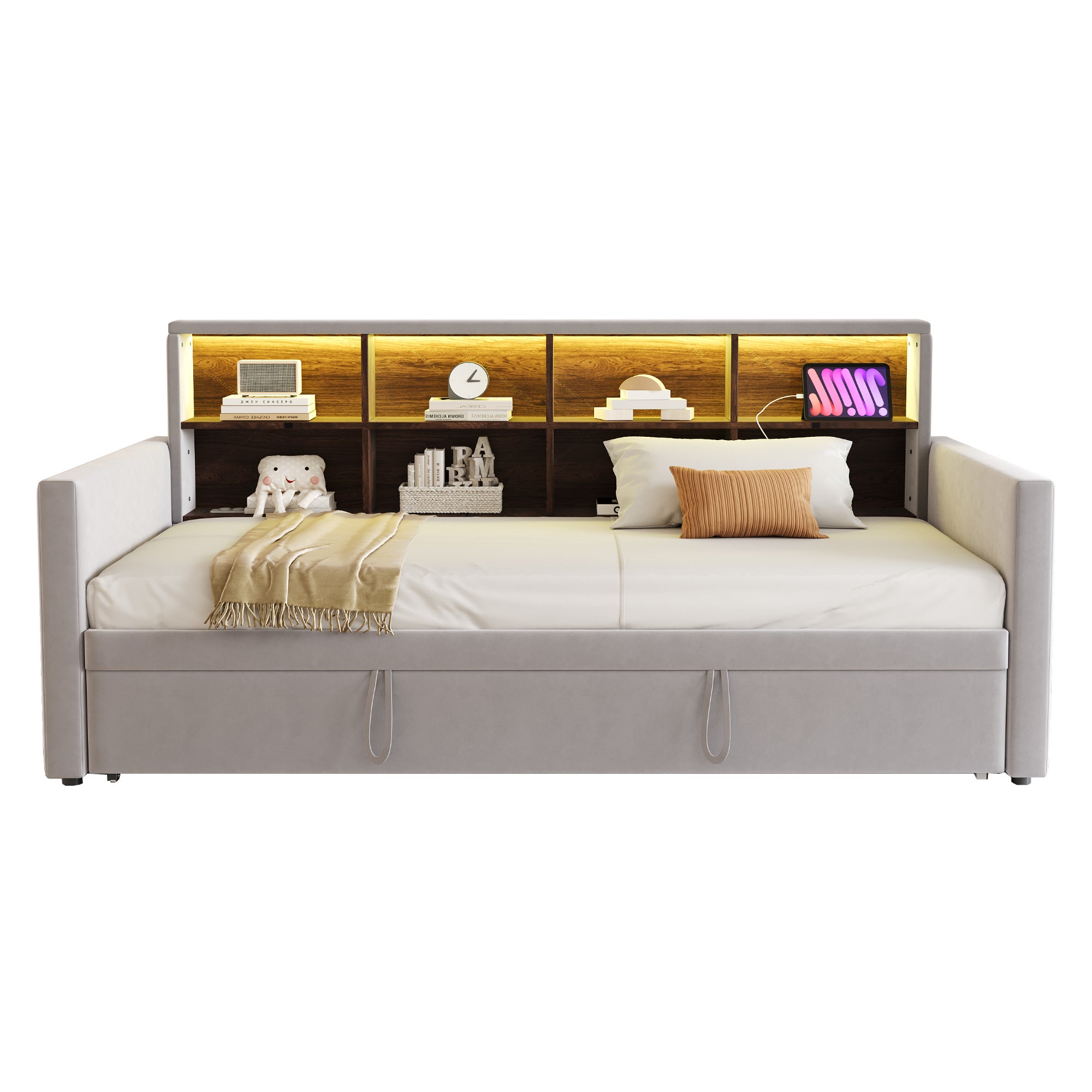 Rozkładana sofa z poduszkami 90x190cm - z oświetleniem LED - z gniazdem ładowania - z wysuwane łóżko - tkanina welurowa - Jasnoszary - 6