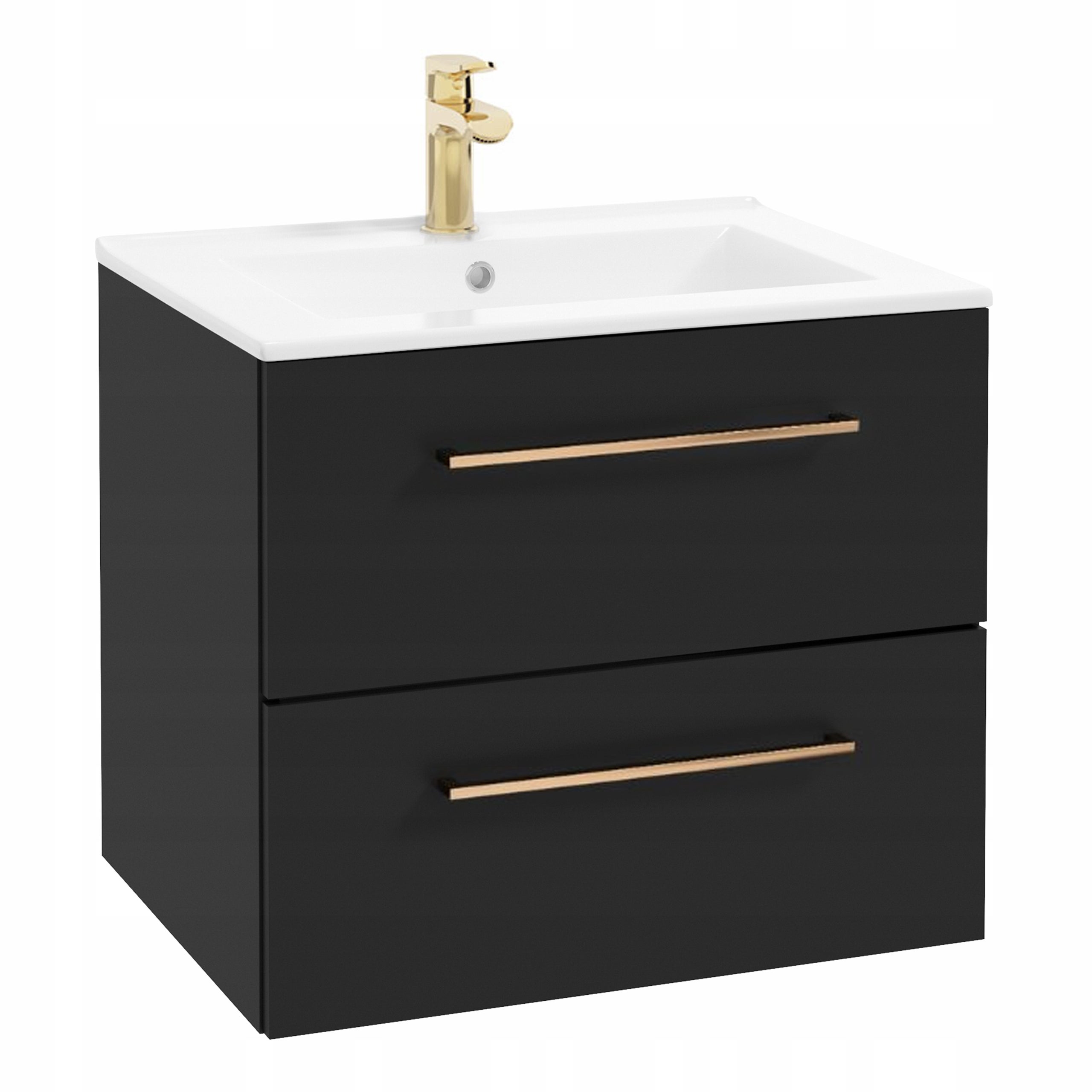Szafka Łazienkowa z Umywalką 61 x 47 cm Czarna Mat Szuflady Złote Uchwyty
