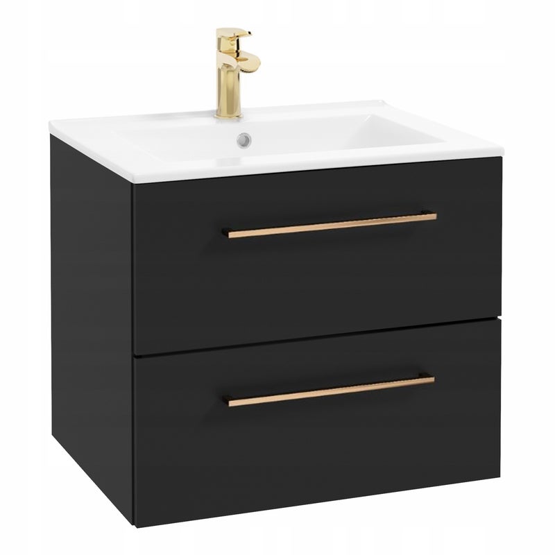Szafka Łazienkowa z Umywalką 61 x 47 cm Czarna Mat Szuflady Złote Uchwyty