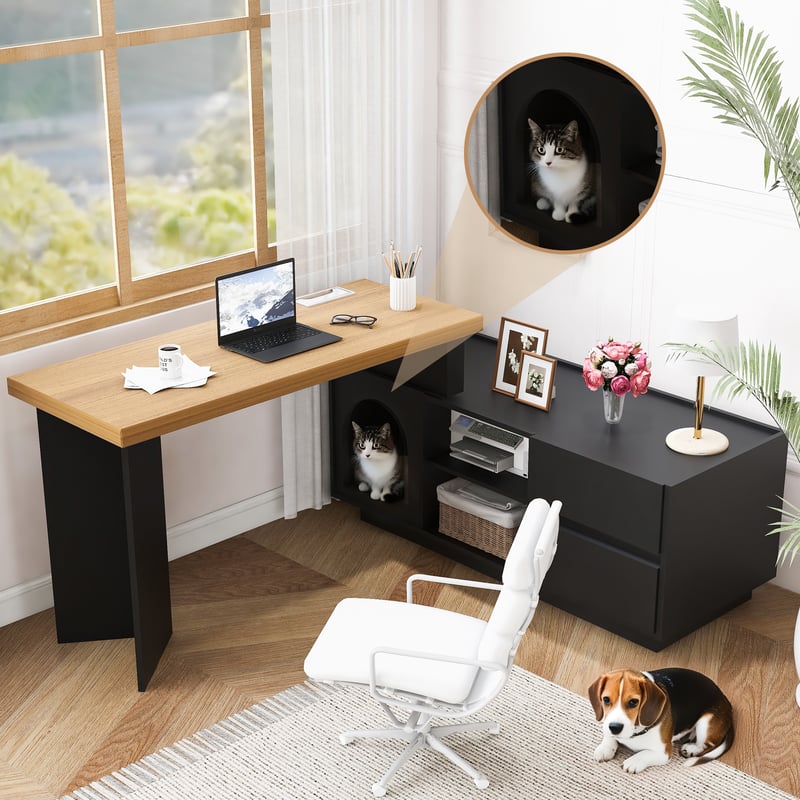 Biurko narożne z 2 szufladami, 2 półkami i wnęką dla kota - 120 x 50 x 72 cm - MDF - Czarny i dębowy