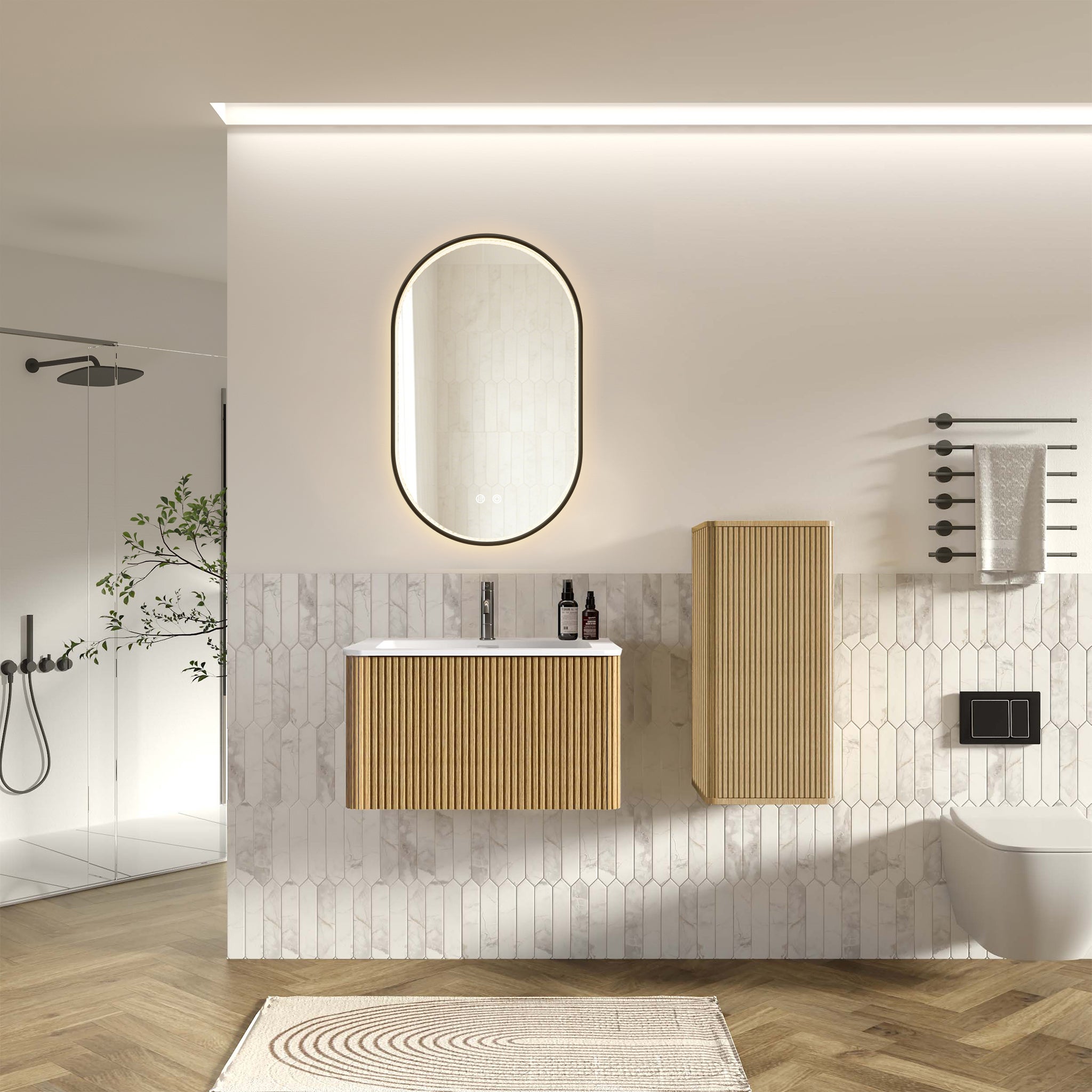 Ensemble meuble salle de bain 80 cm chêne, meuble sous vasque suspendu ...