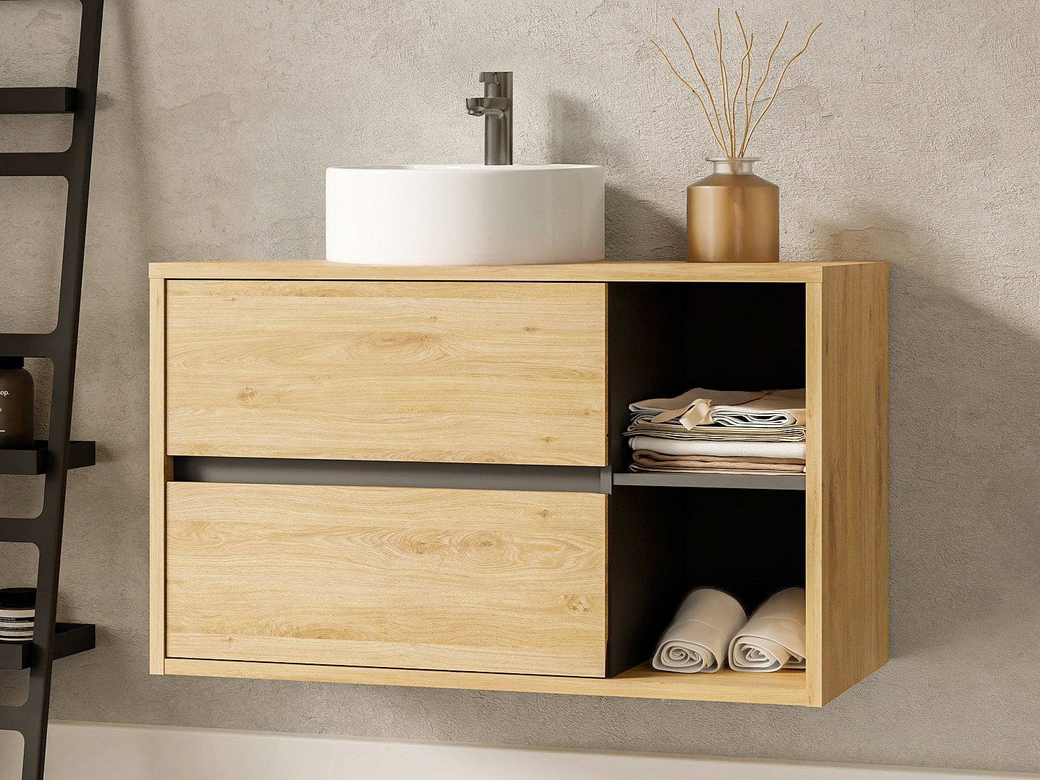 Szafka łazienkowa wisząca z okrągłą umywalką - Naturalny - 100 cm - PURNAL