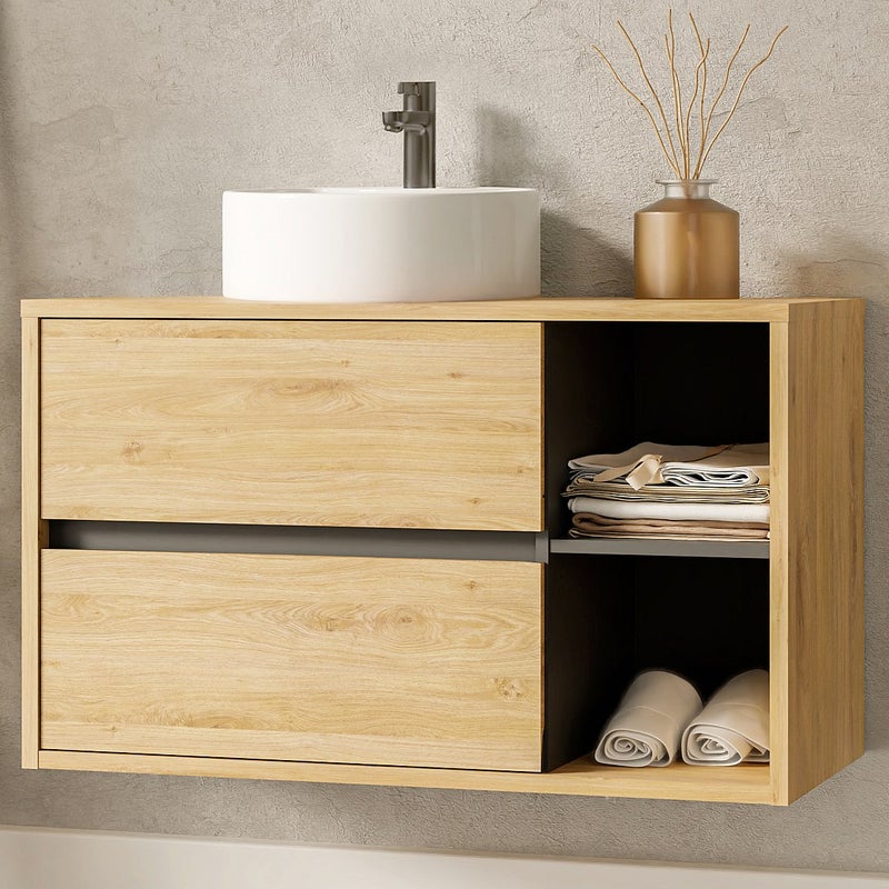 Szafka łazienkowa wisząca z okrągłą umywalką - Naturalny - 100 cm - PURNAL