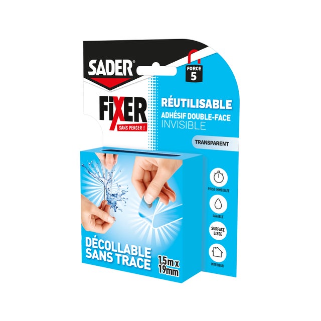 Adhésif double face SADER - Fixation sans perçage - Invisible - Amovible/Réutilisable - Transparent - 1,5 m x 19 mm