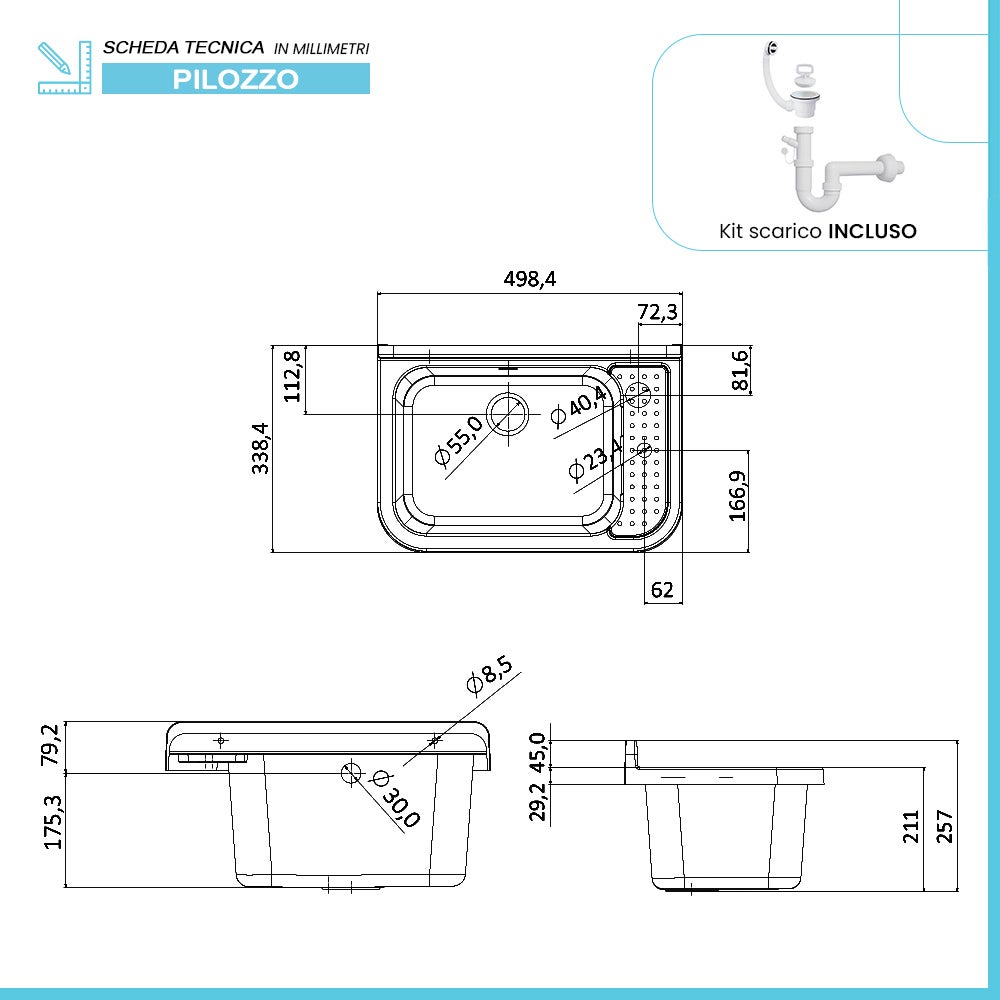 Évier en résine blanche 50x34 avec robinet mitigeur haut en acier inoxydable et bonde inclus - 2