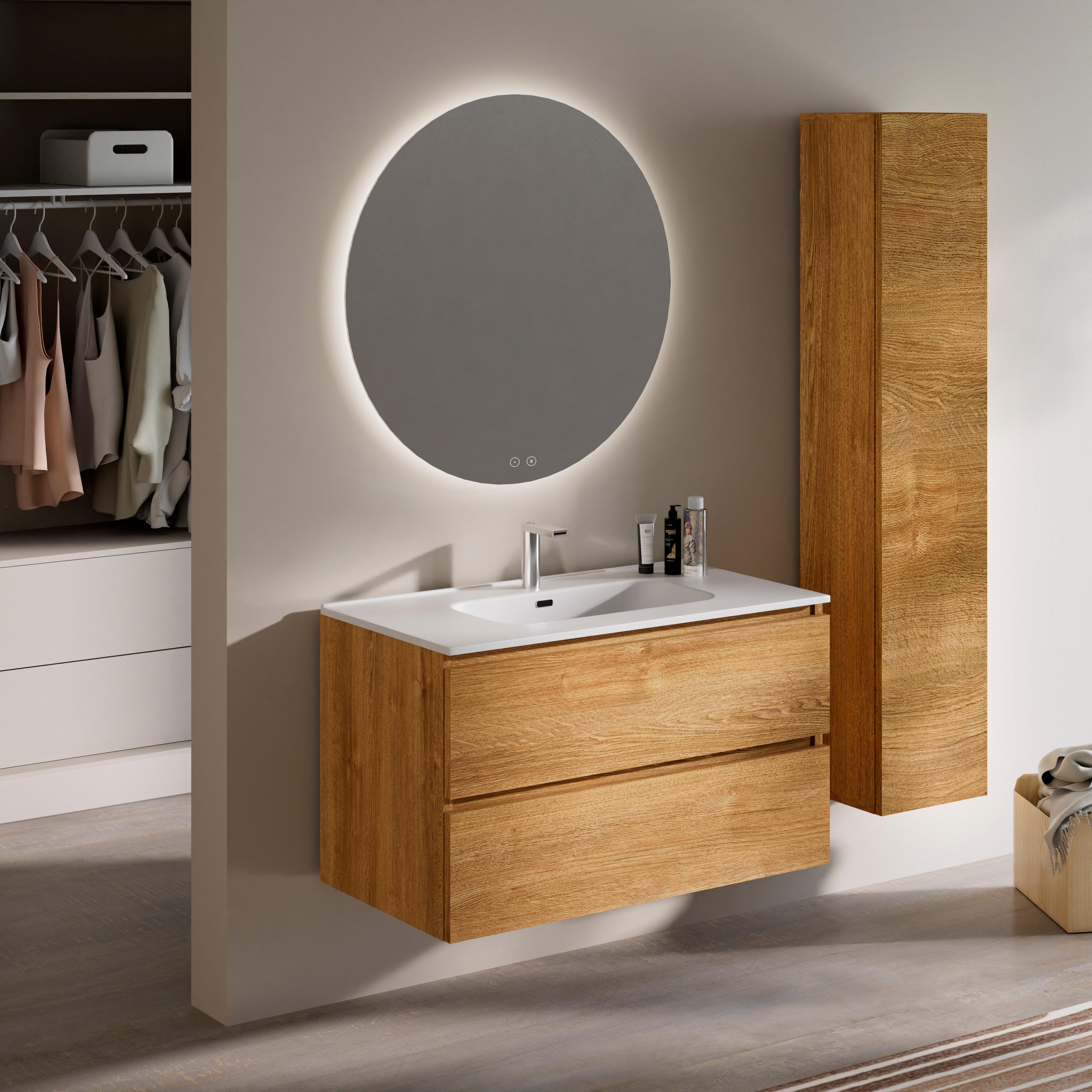 Feel Your Bath, Meuble de Salle de Bain PANTER Marron 100 cm, 2 Tiroirs, Vasque Céramique Intégrée et Miroir Rond LED - 2