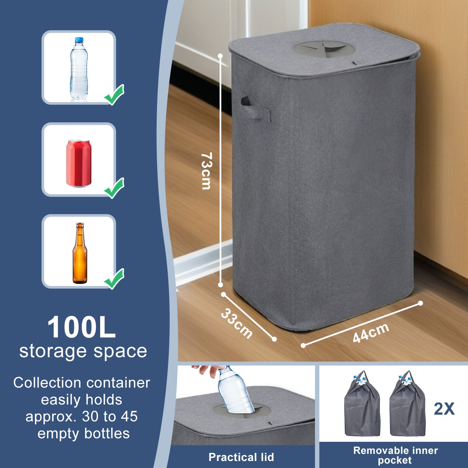 Poubelle Recyclage 100L,Poubelle Avec 2 Sacs De Transport,Stockage Des Bouteilles Consignées Gris - 2