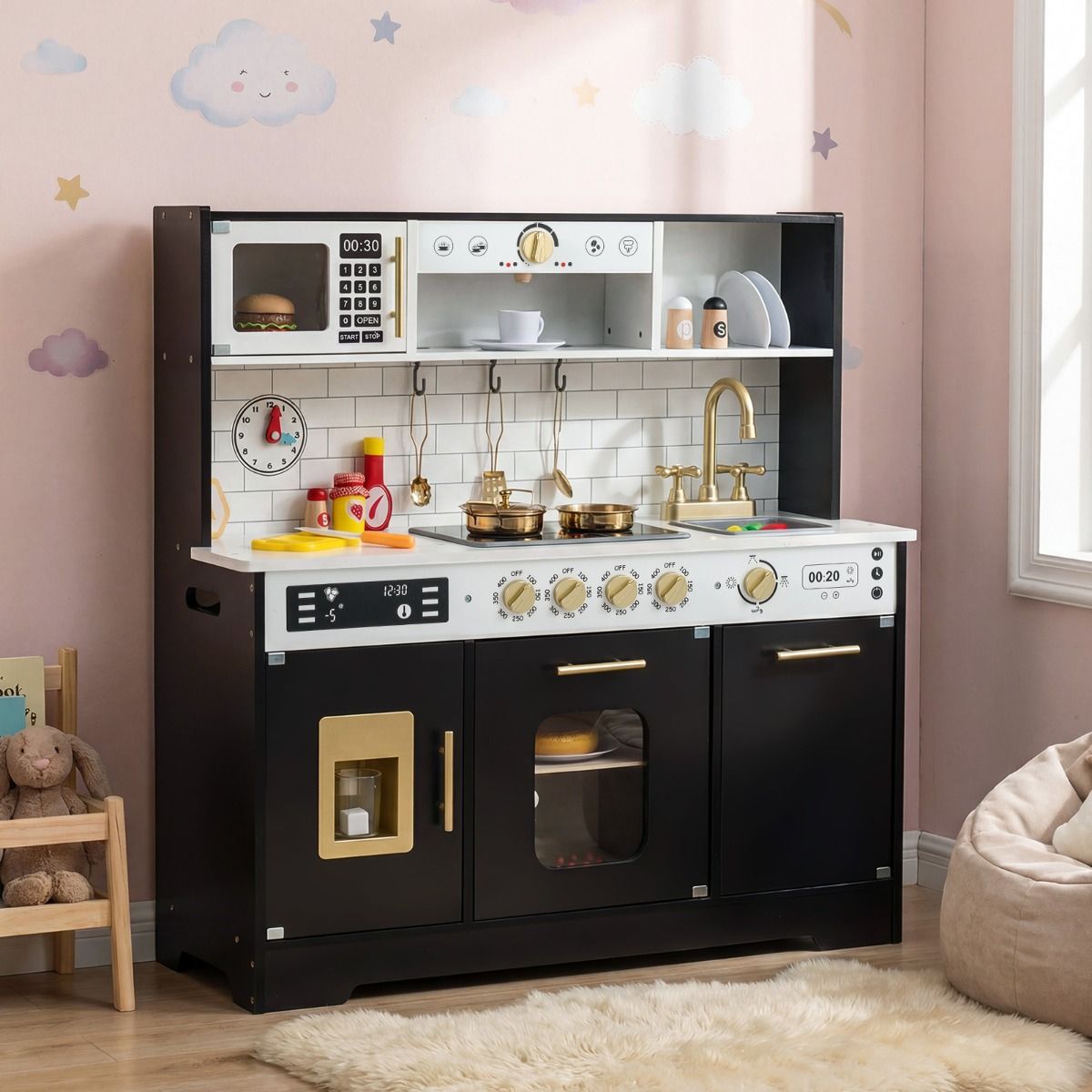 Cocina Juguete Madera Niños Luces Sonidos Realistas Estufas Fregadero