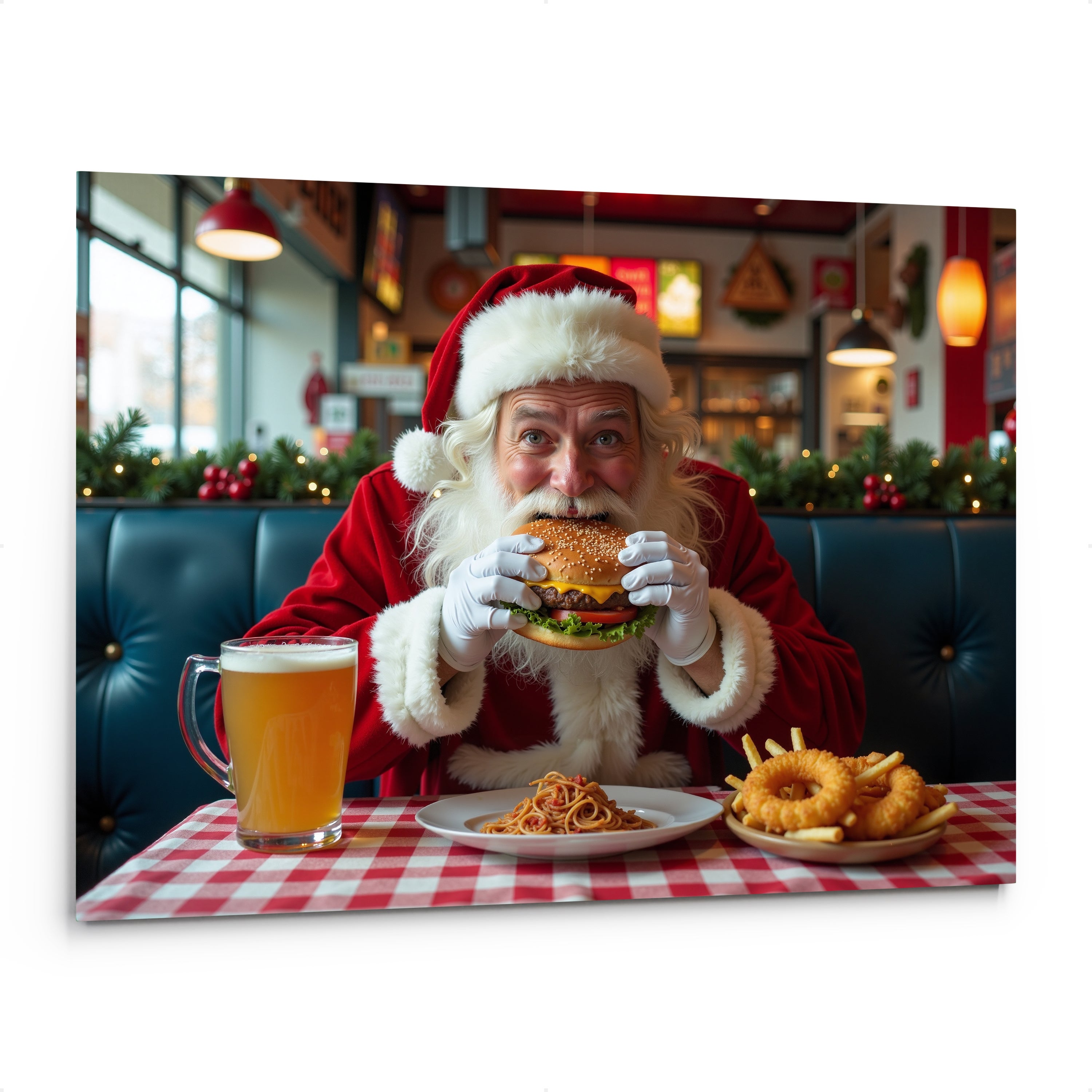 Cuadro papá noel hambriento en fast food - adornos navideños - decoración navideña - 40x30 cm