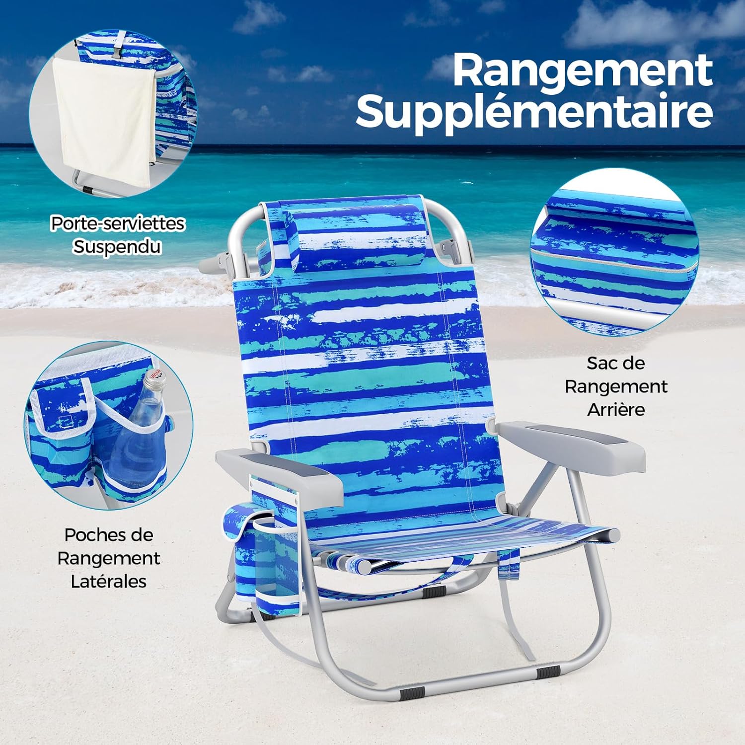 Cadeira de praia dobrável, porta-copos, porta-toalhas, almofada para a cabeça, carga máxima de 150 kg - 6
