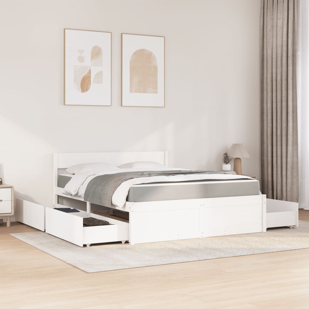 Lit avec tiroirs et matelas blanc 160 x 200 cm en bois massif de pin - 3