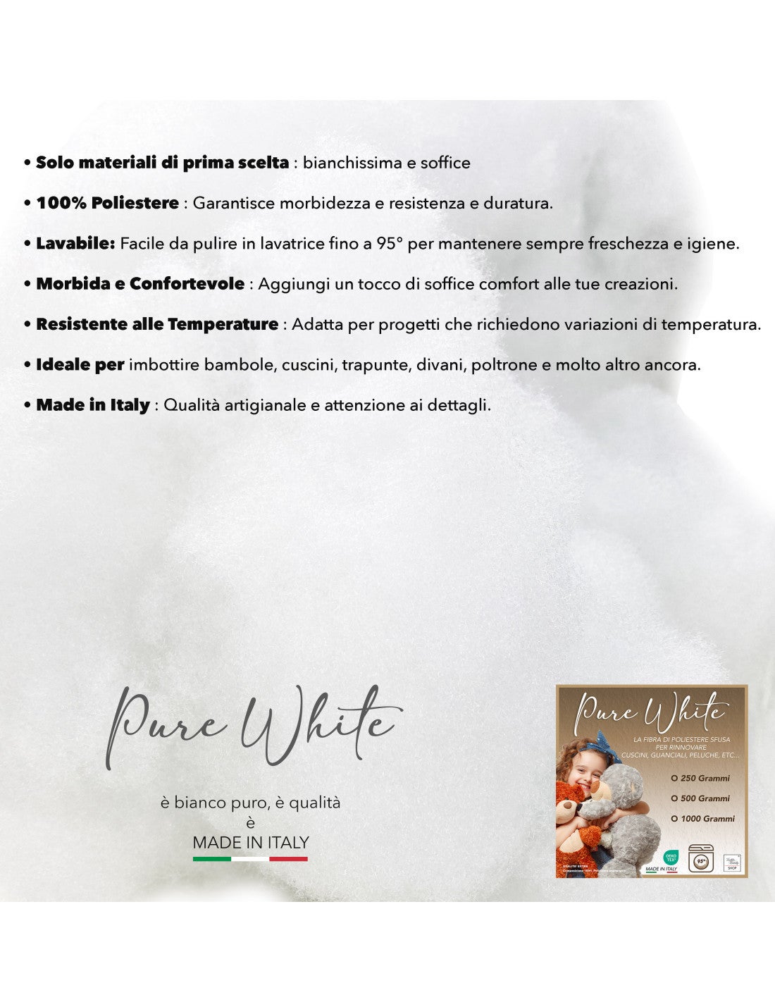 Ouate douce et floconneuse 100% polyester Fabriqué en Italie pour le garnissage Poupées, Coussins et Créations DIY, Blanc Pur 250 grammes - 3