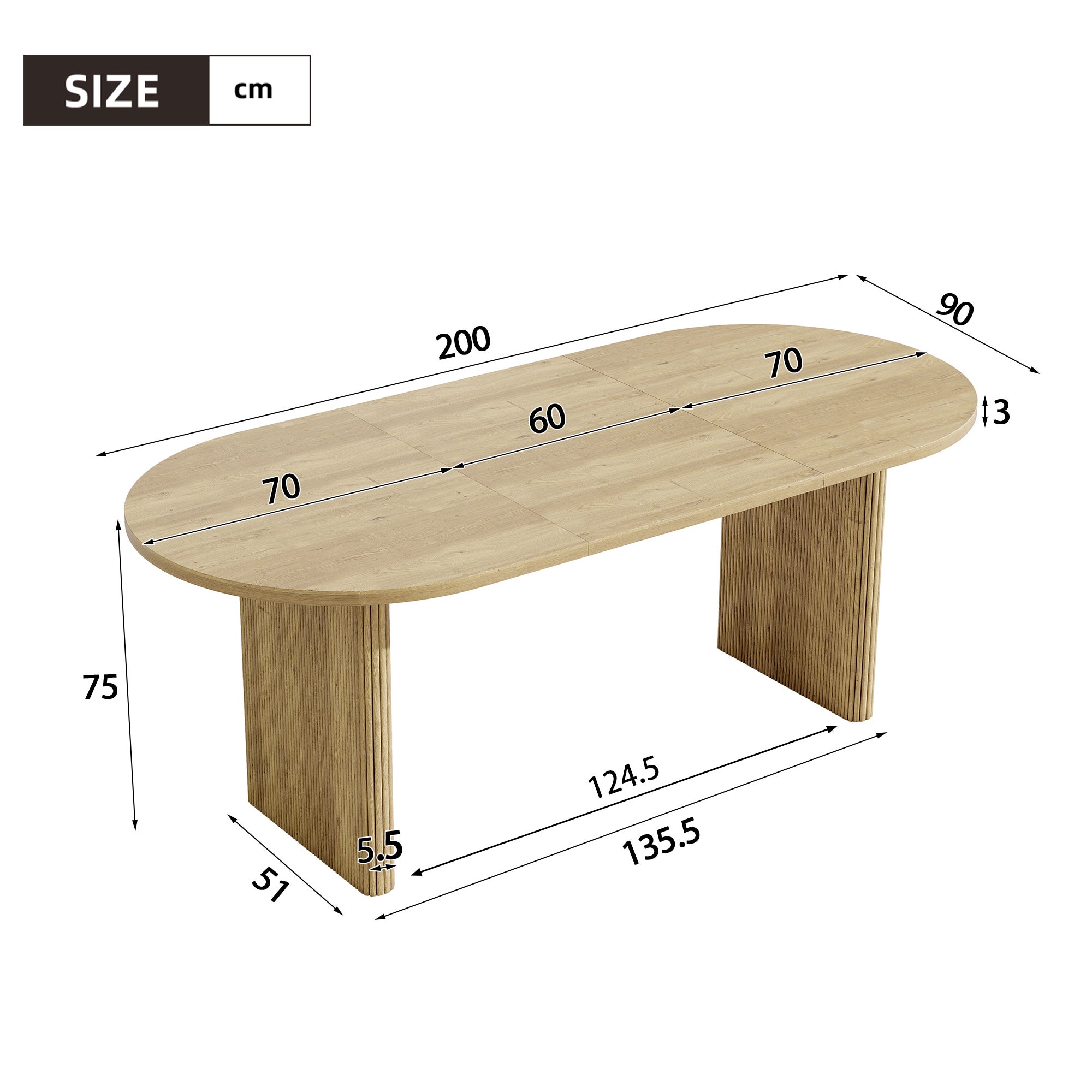Rozkładany owalny stół jadalny na 6-8 osób - 140/200 x 90 x 75 cm - płyta MDF, blat o grubości 3 cm, nogi z listew synchronicznych - dąb - 4