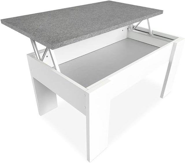 Meyvaser Mesa de Centro Elevable, para Salón o Comedor, Medidas: 90 cm x 50 cm x 46-57 cm, Acabado en Color Madera Blanca con Tapa Gris Piedra