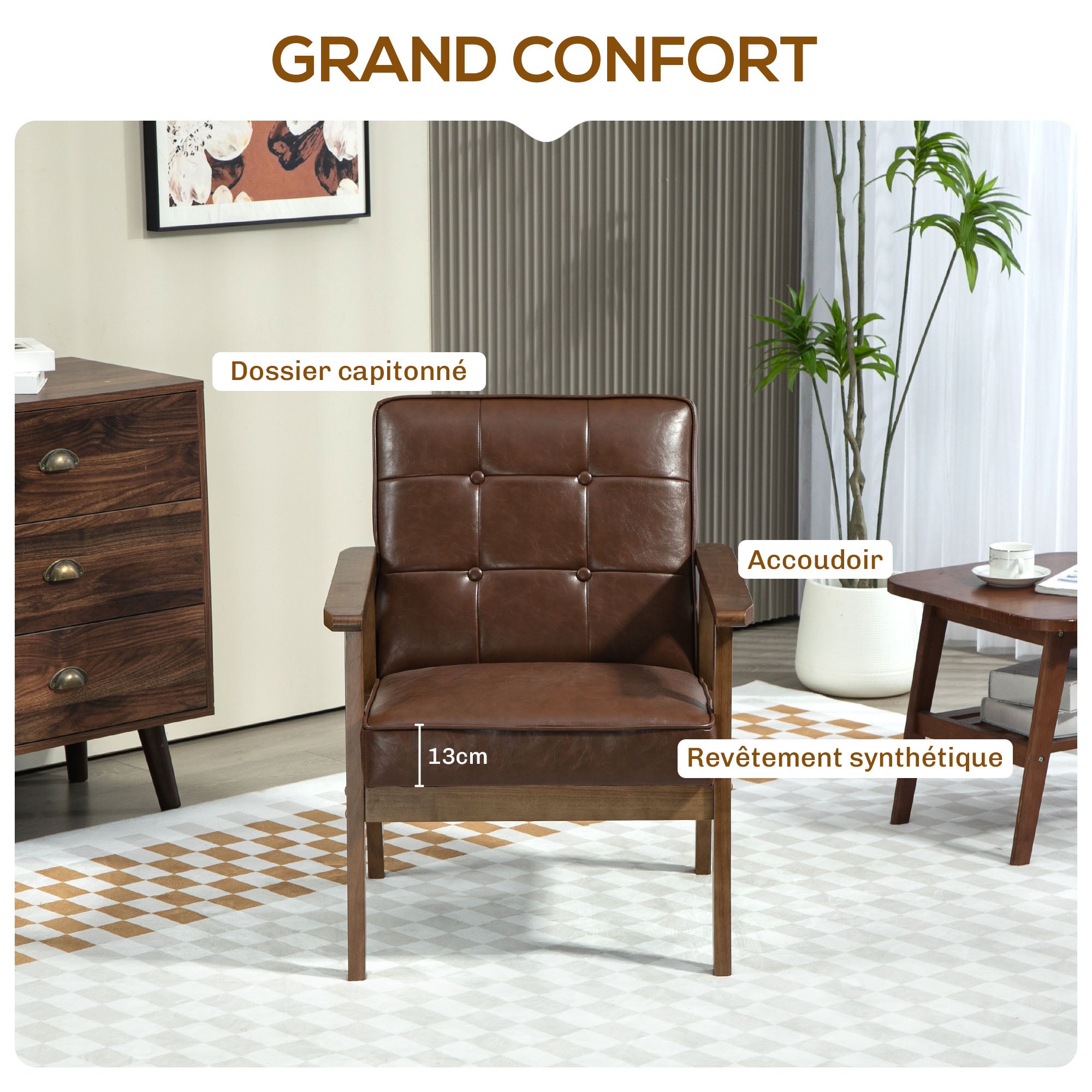 Fauteuil de salon, fauteuil de chambre en cuir synthétique, dossier capitonné, pieds en bois massif, 64x73x81cm, marron - COMFORTXL - 6