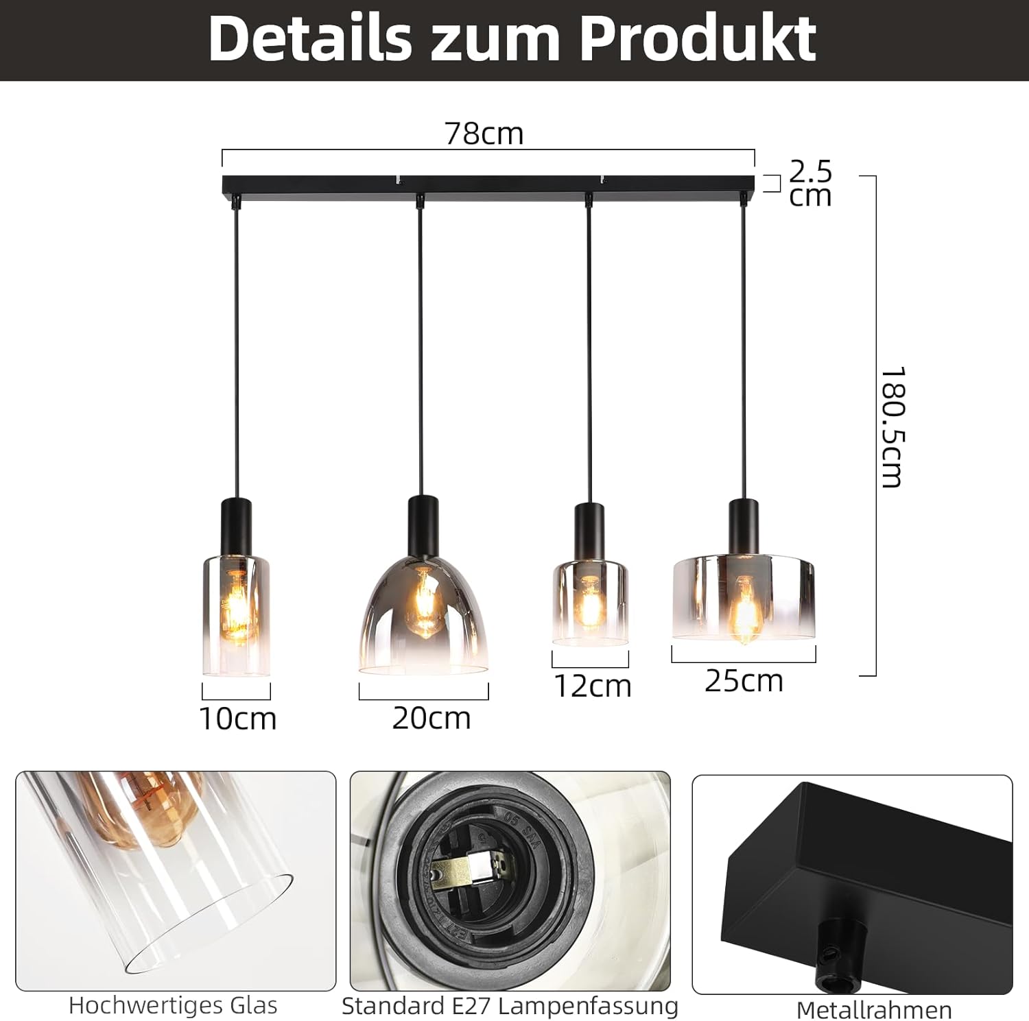ZMH Suspension Lustre salle à manger 3/4 flammes E27 gris fumée 180CM Suspension Lustre cage d'escalier - 5